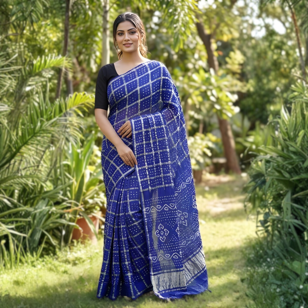 Blue Modal Gajji Hand Bandhej Ghatchola Saree