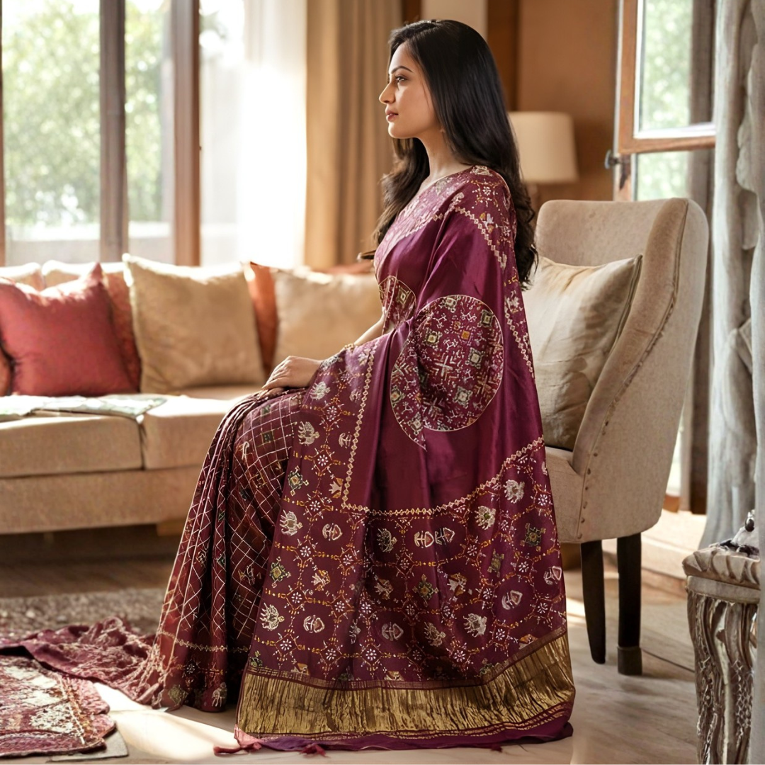 Gajji Silk Ajrakh Print Saree – Festive Wear