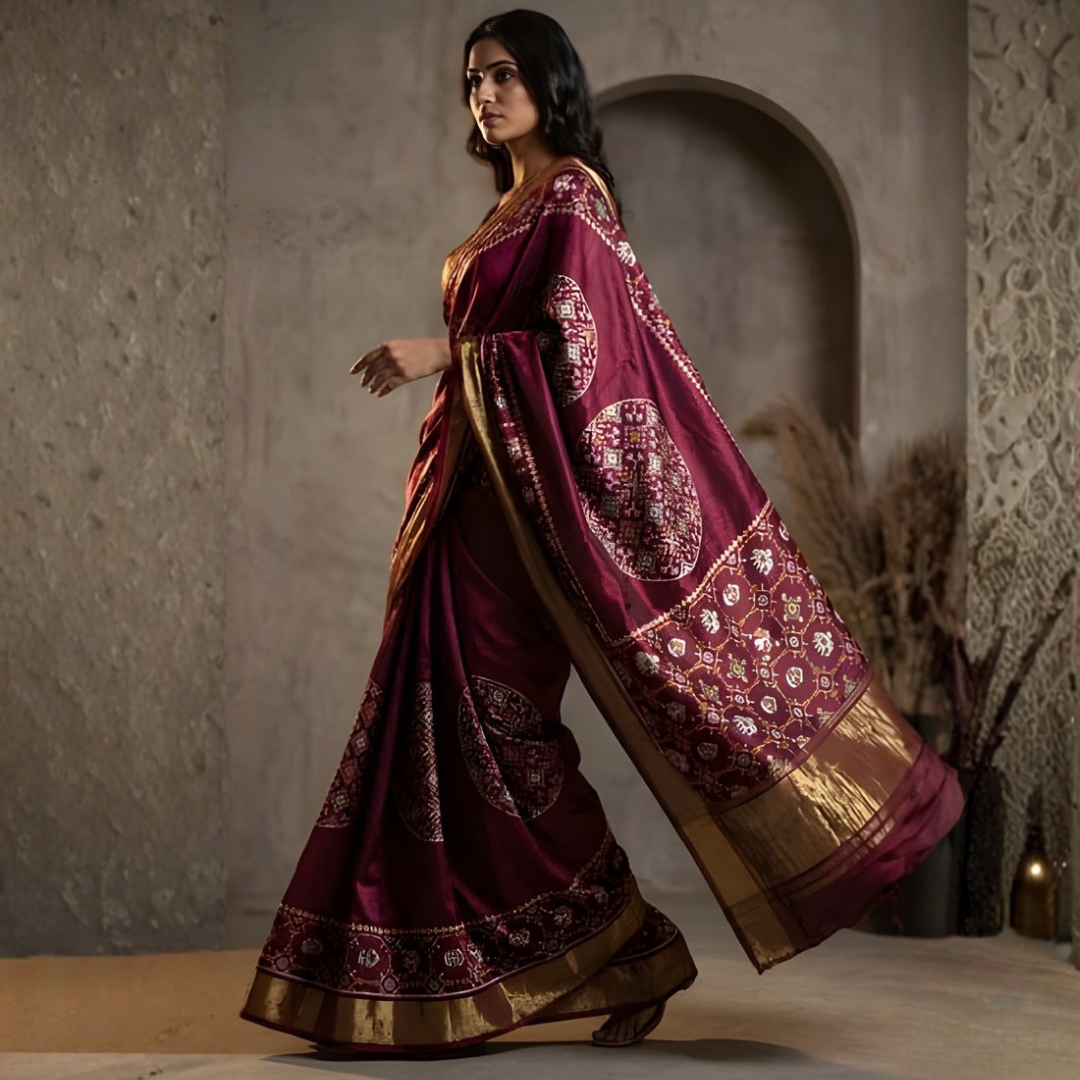 Gajji Silk Ajrakh Print Saree – Festive Wear