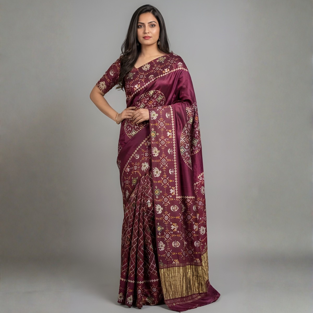 Gajji Silk Ajrakh Print Saree – Festive Wear