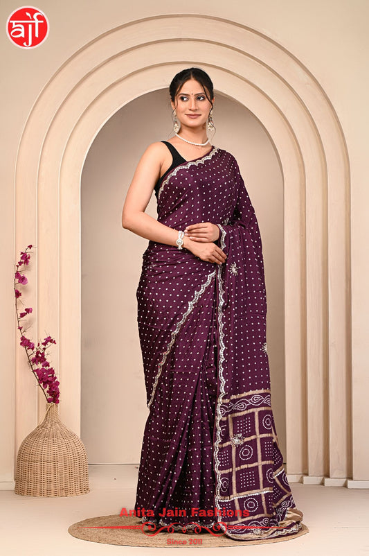 Wine HO Silk Saree with Bandhani Design and Cut Work Border, Includes Blouse Piece