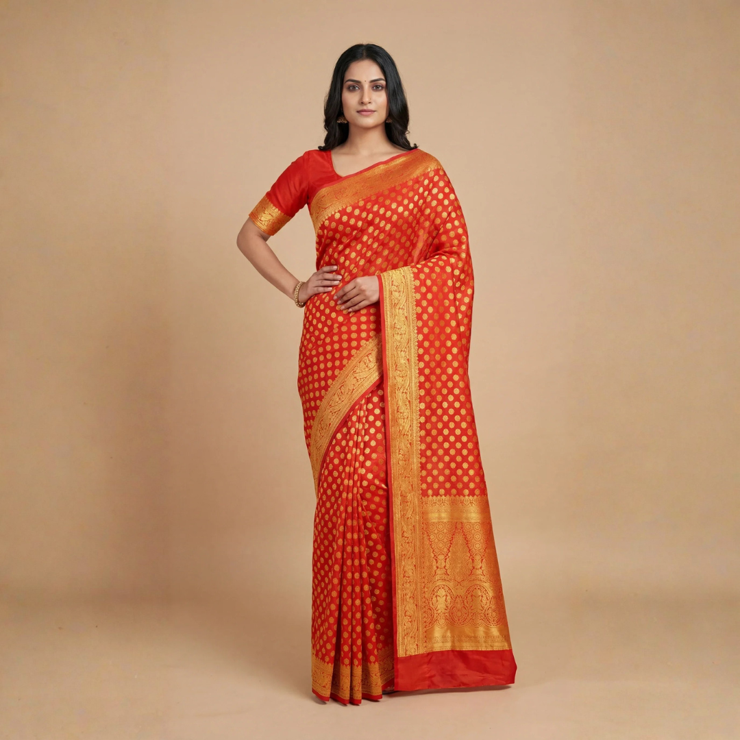 Vibrant Orange Georgette Banarasi Saree with Gold Zari Butti – Festive Wear