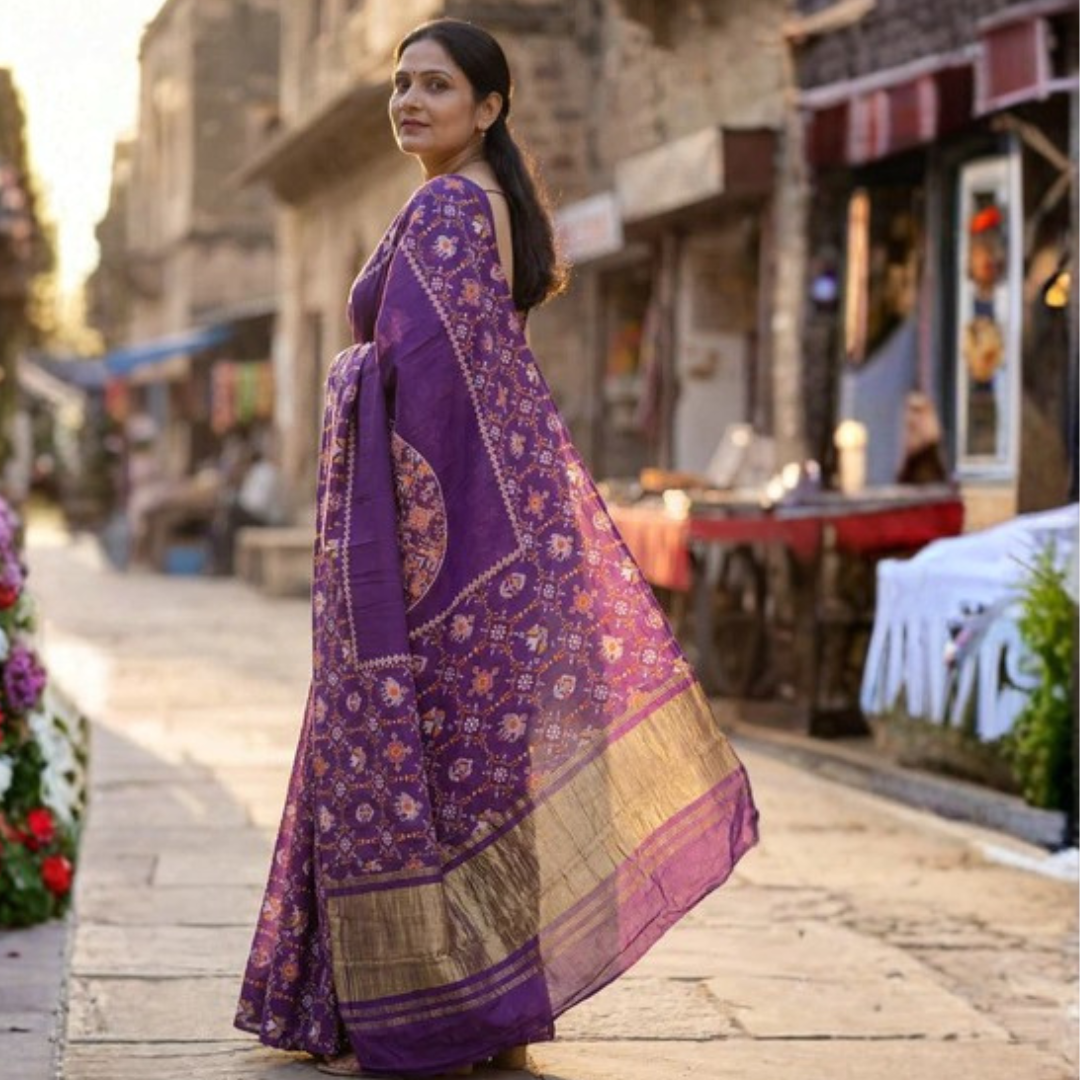 Gajji Silk Ajrakh Print Saree – Festive Wear