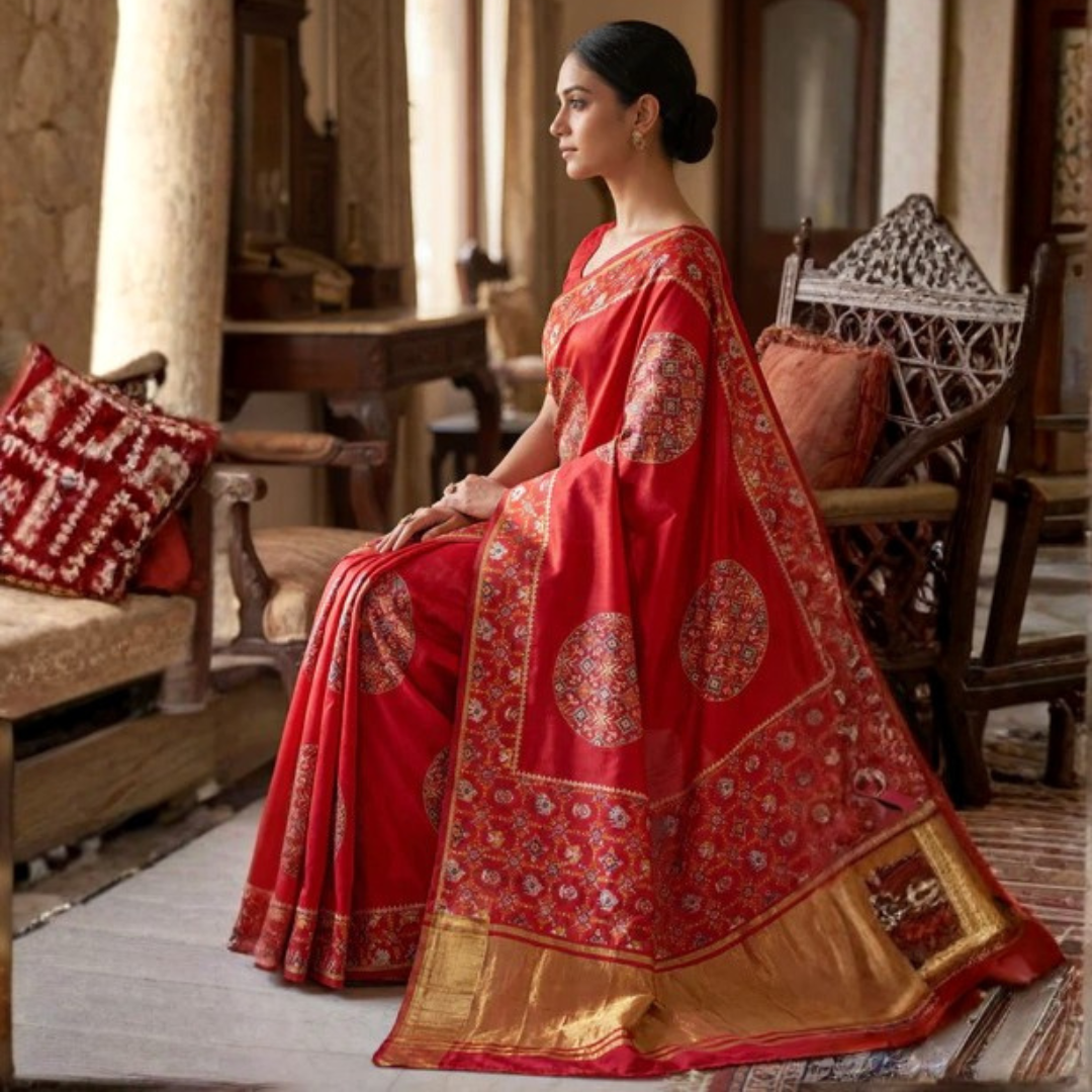 Gajji Silk Ajrakh Print Traditional Festive Saree