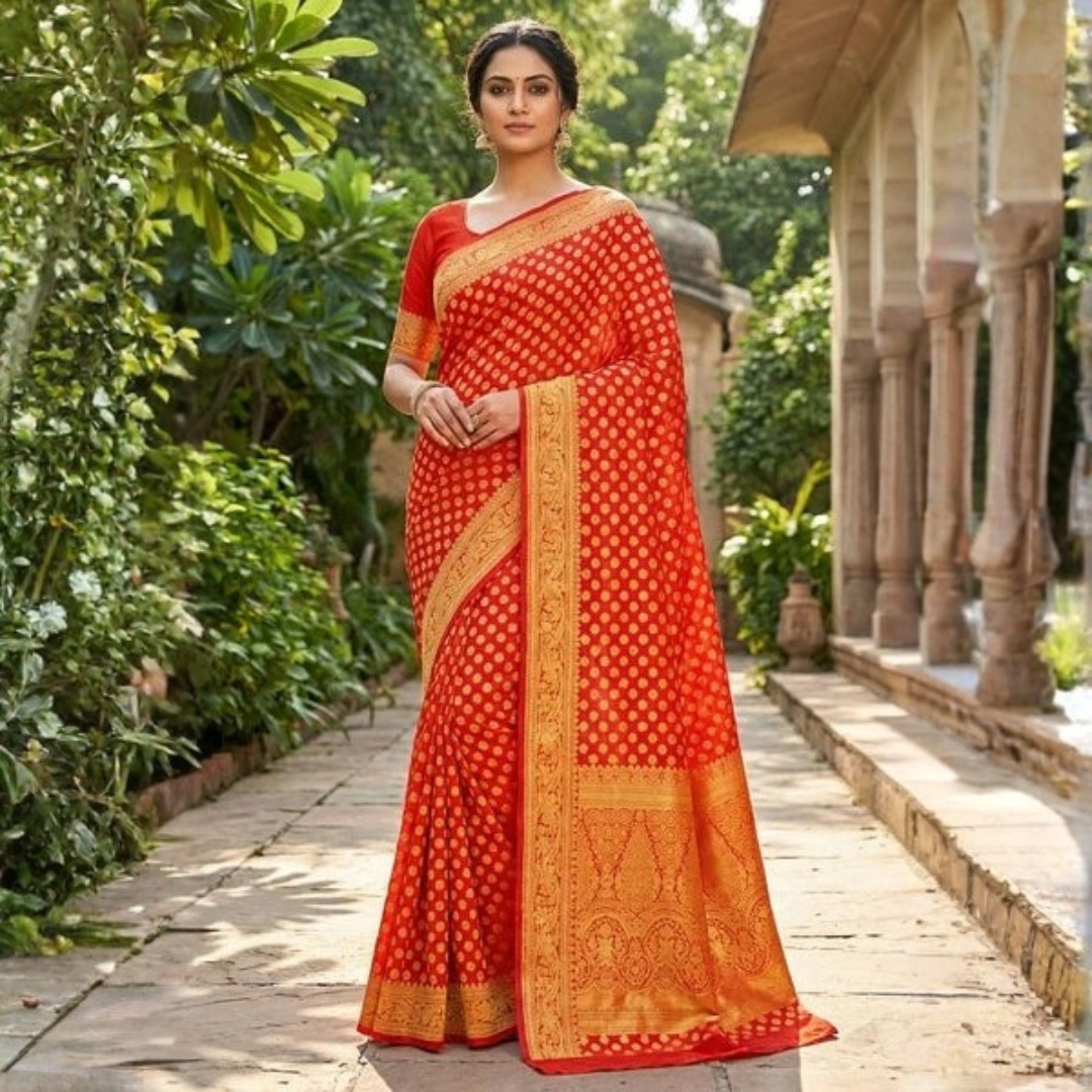 Vibrant Orange Georgette Banarasi Saree with Gold Zari Butti – Festive Wear