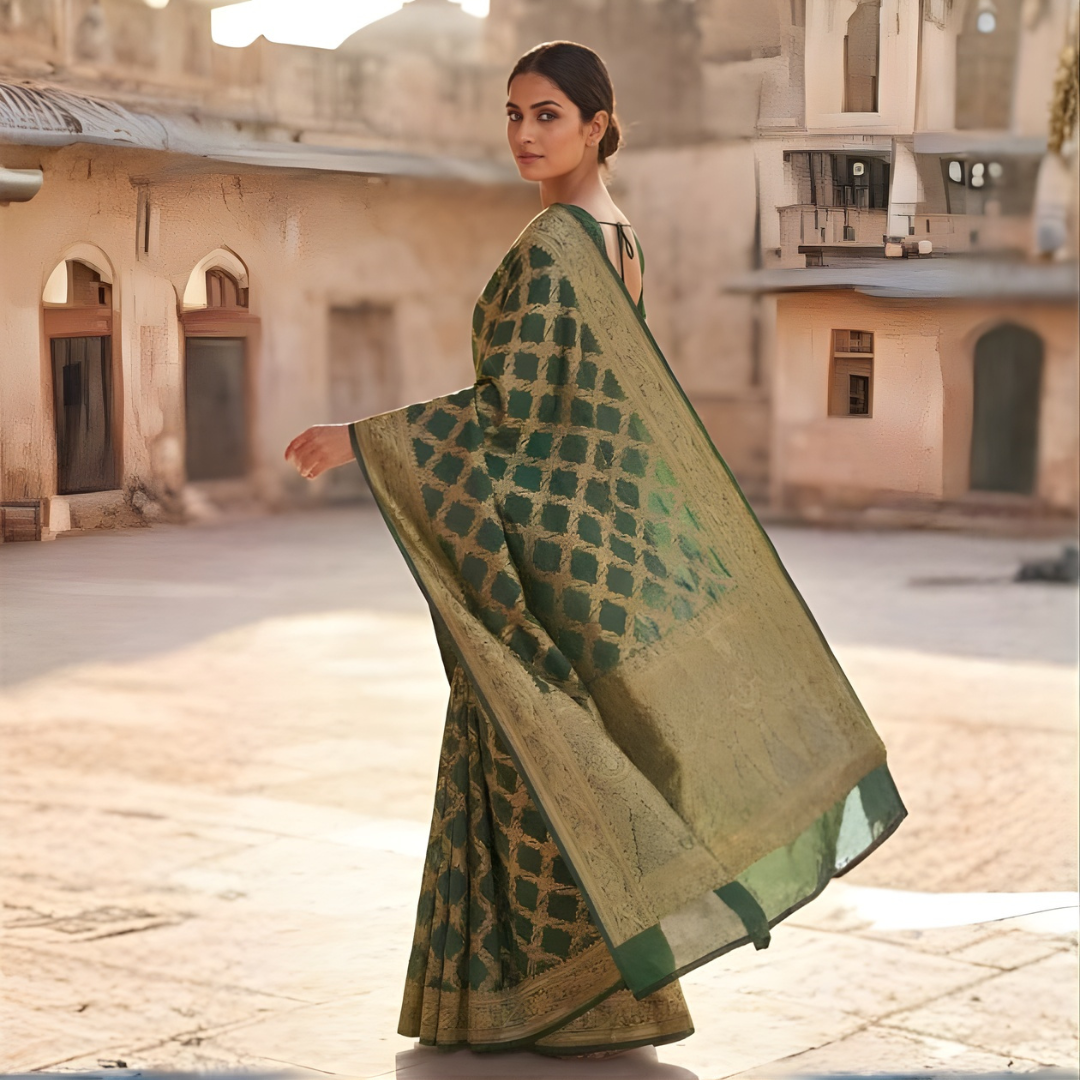 Emerald Green Georgette Banarasi Saree with Gold Zari Lattice Weave – Festive Wear
