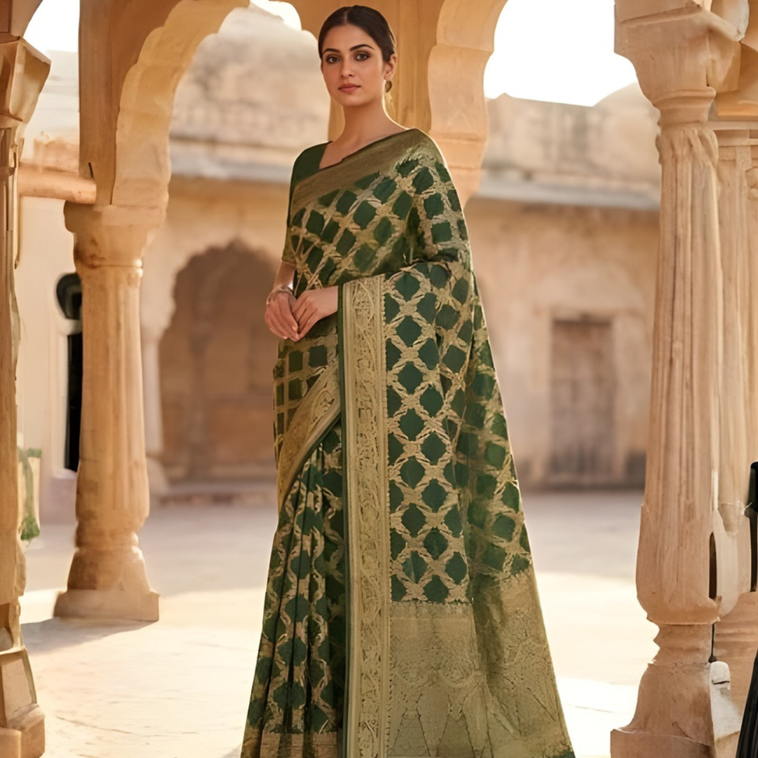 Emerald Green Georgette Banarasi Saree with Gold Zari Lattice Weave – Festive Wear