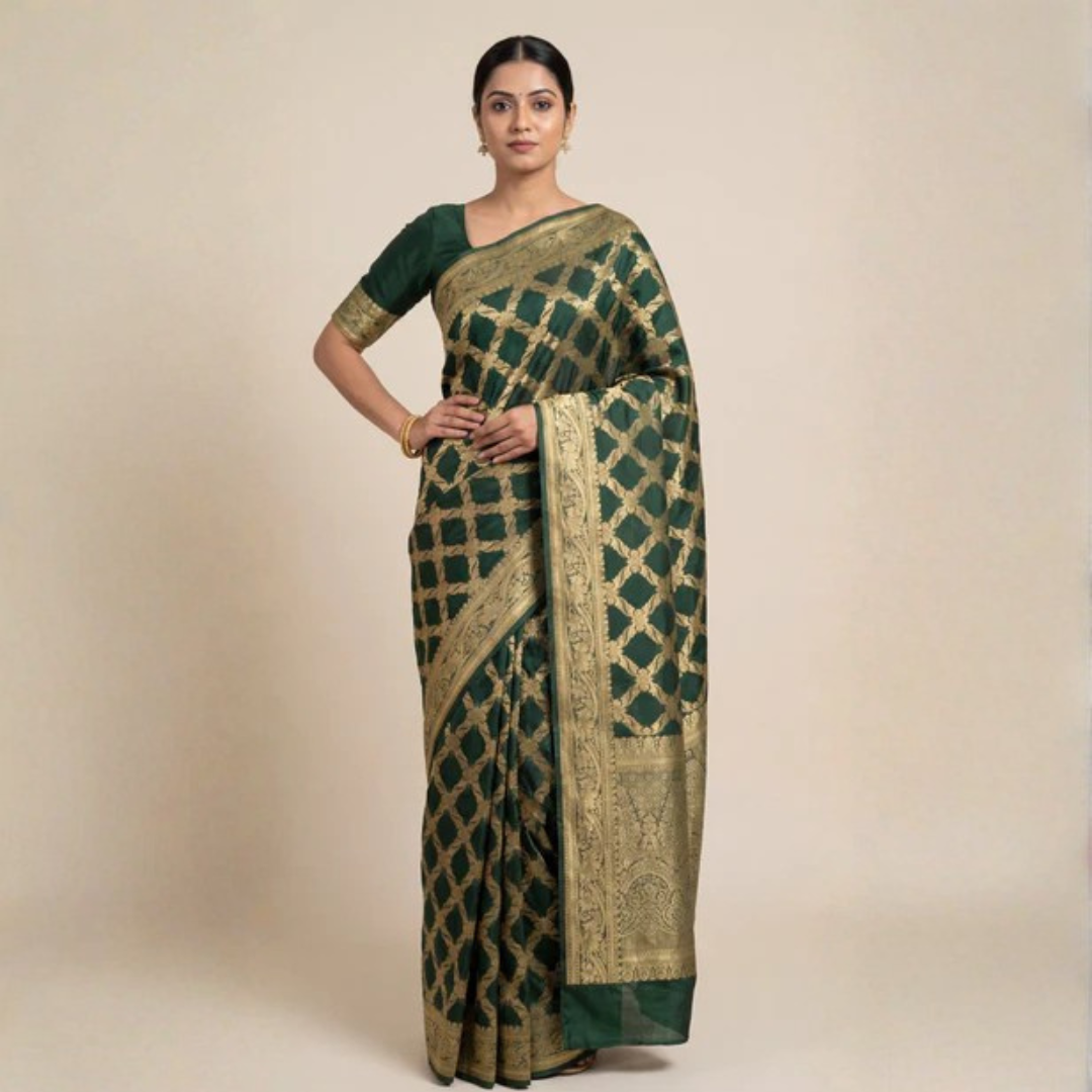 Emerald Green Georgette Banarasi Saree with Gold Zari Lattice Weave – Festive Wear