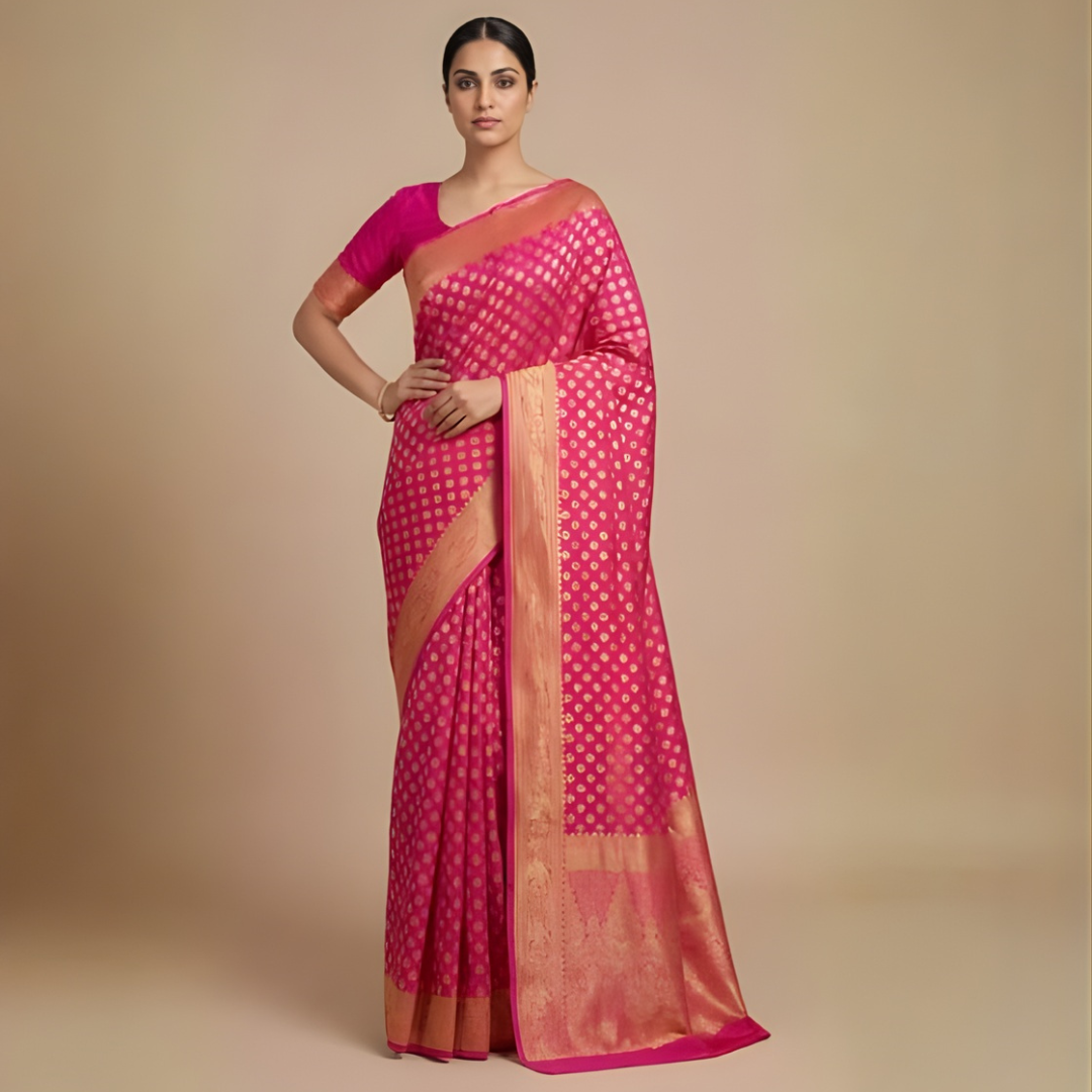Rani Pink Georgette Banarasi Saree with Gold Zari Butti – Festive Wear