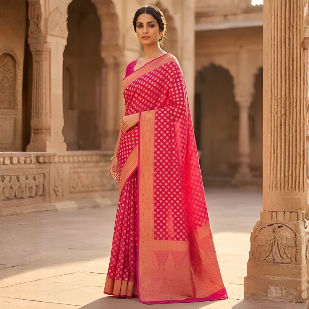 Rani Pink Georgette Banarasi Saree with Gold Zari Butti – Festive Wear