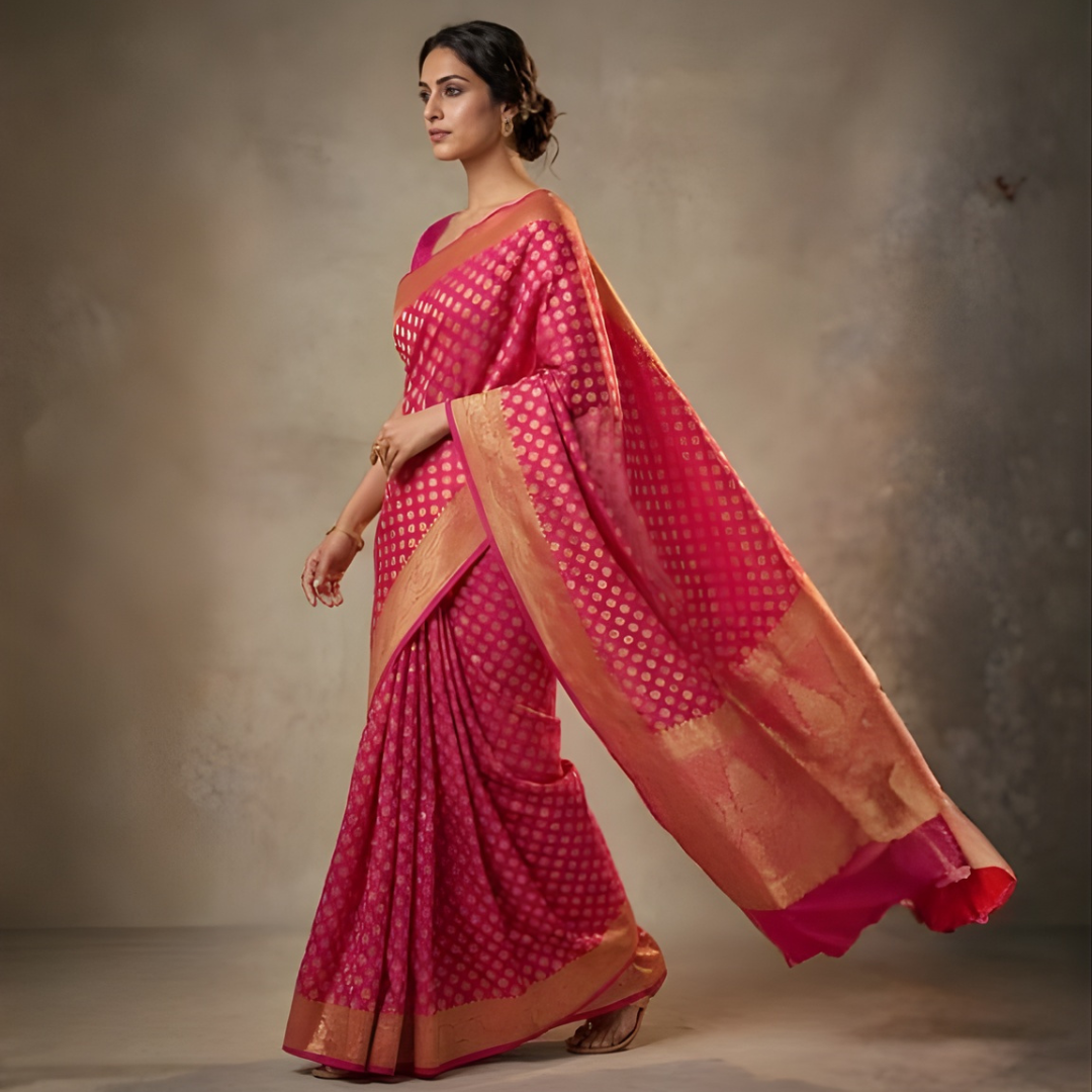 Rani Pink Georgette Banarasi Saree with Gold Zari Butti – Festive Wear
