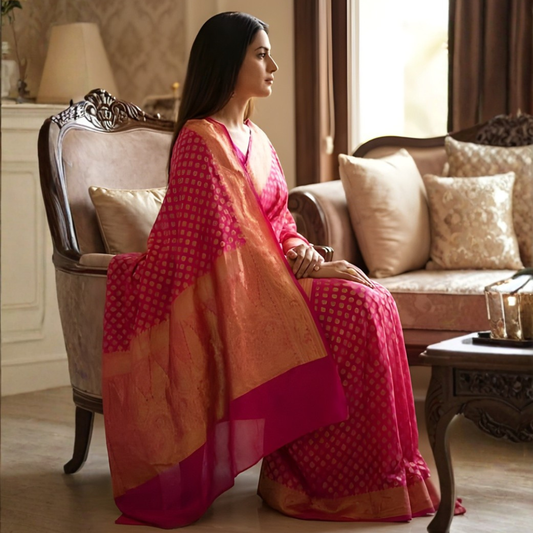 Rani Pink Georgette Banarasi Saree with Gold Zari Butti – Festive Wear