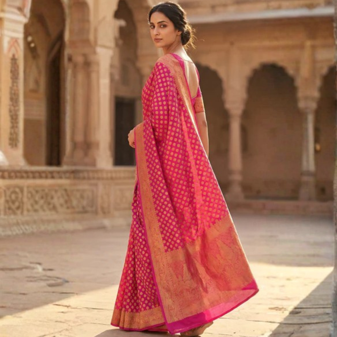 Rani Pink Georgette Banarasi Saree with Gold Zari Butti – Festive Wear