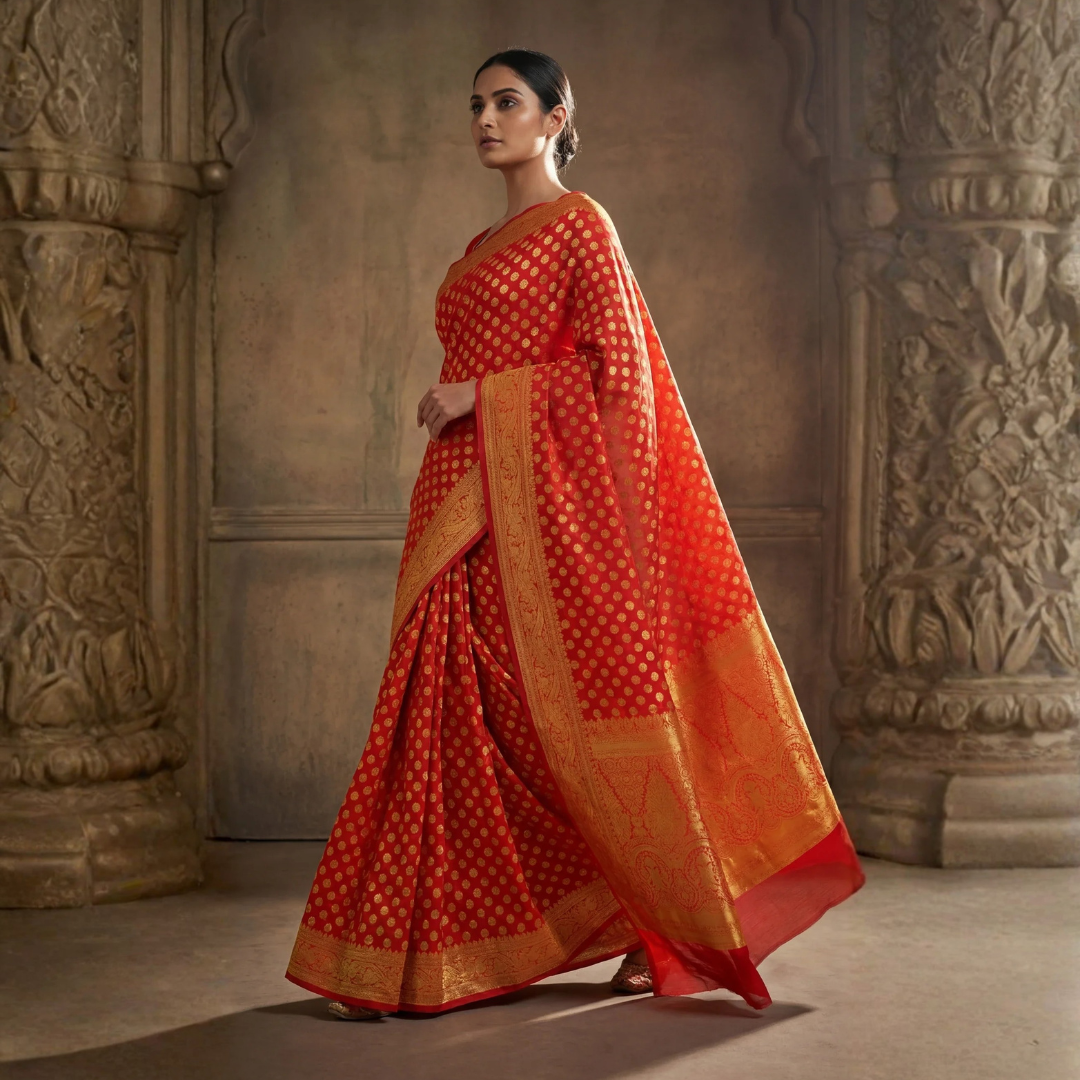 Vibrant Orange Georgette Banarasi Saree with Gold Zari Butti – Festive Wear