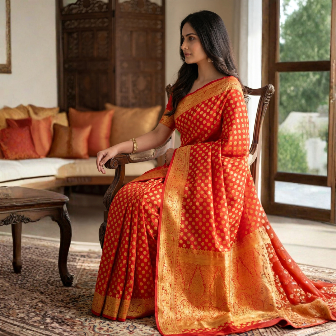 Vibrant Orange Georgette Banarasi Saree with Gold Zari Butti – Festive Wear