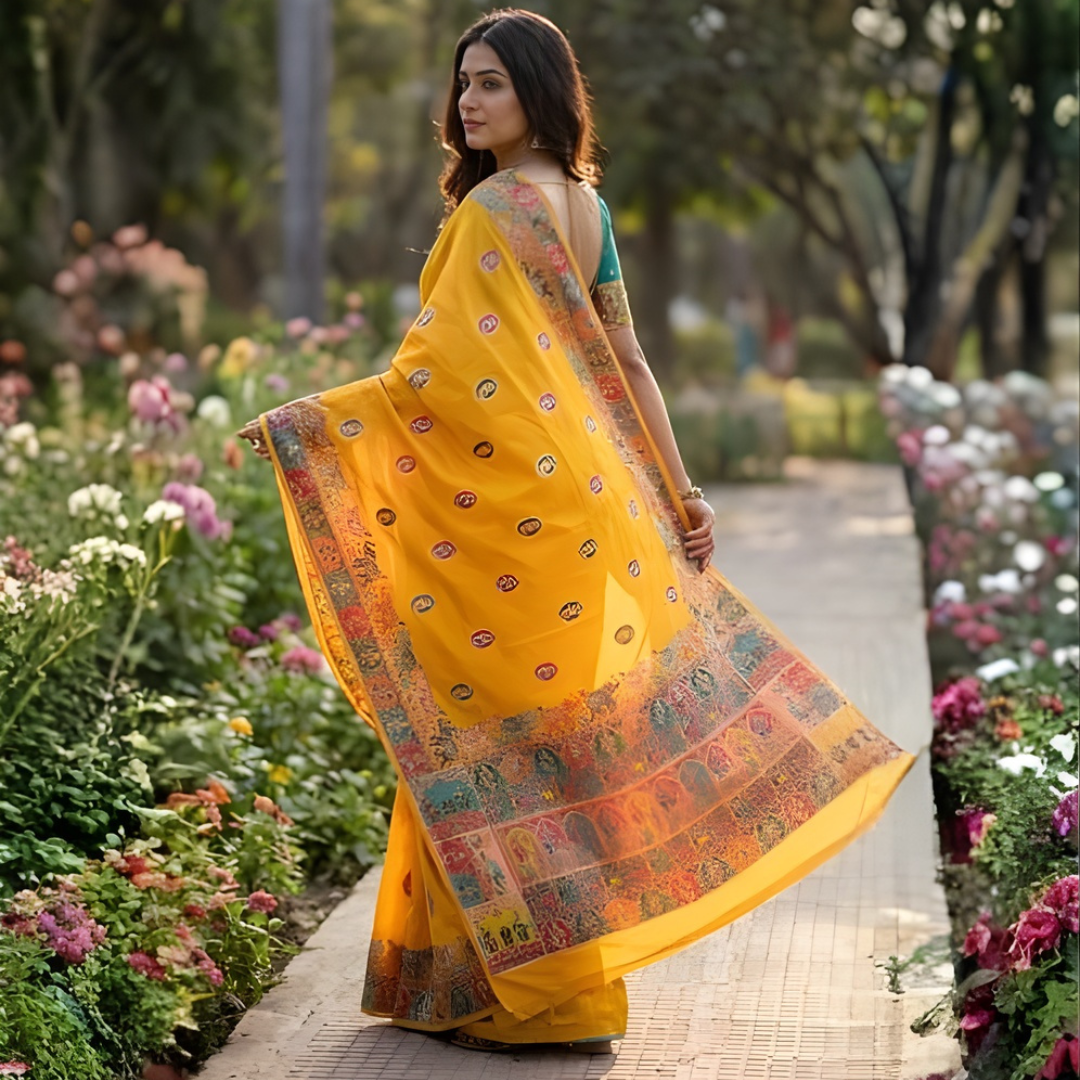 Katan Silk Zari Weaving Festive Saree – Traditional Yellow