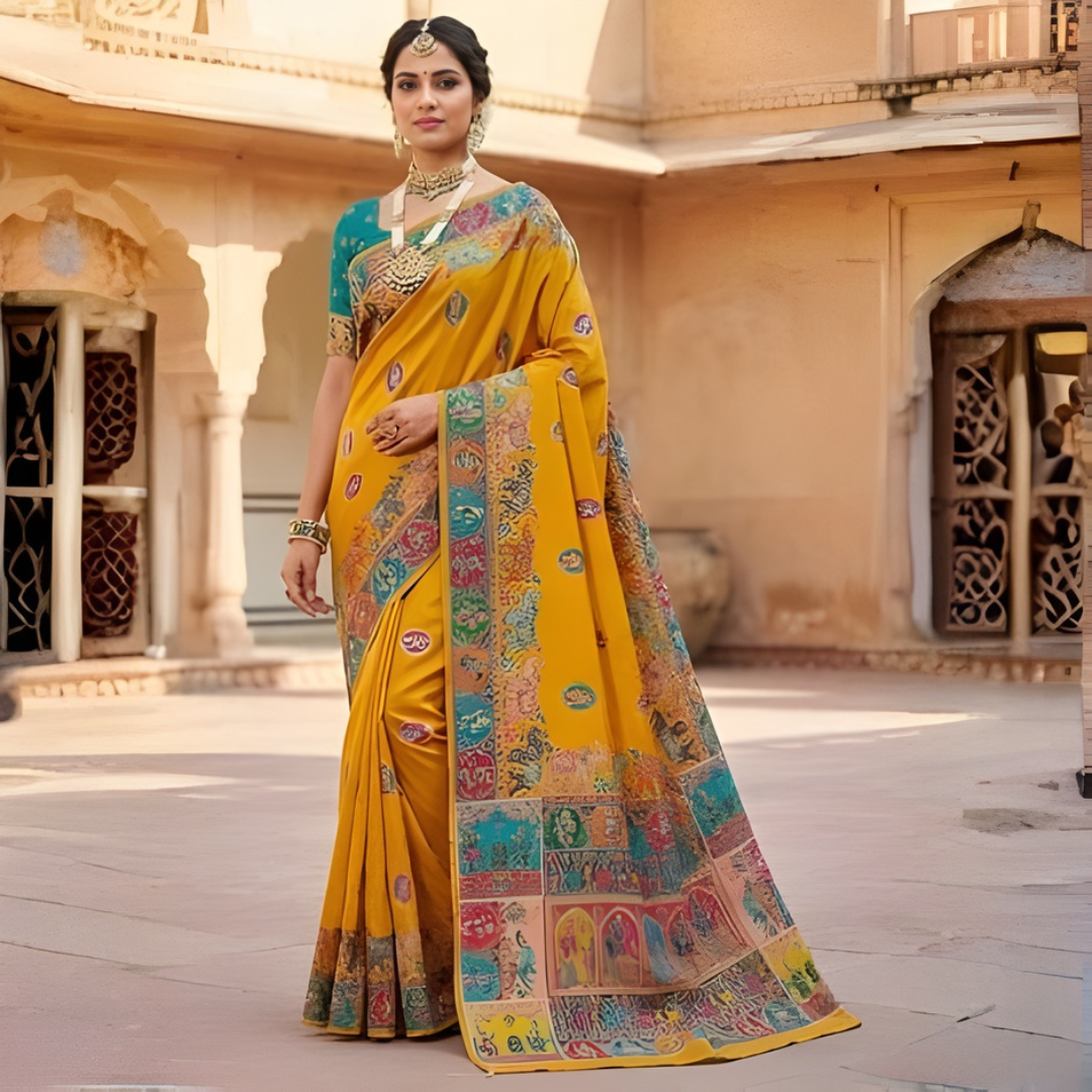 Katan Silk Zari Weaving Festive Saree – Traditional Yellow