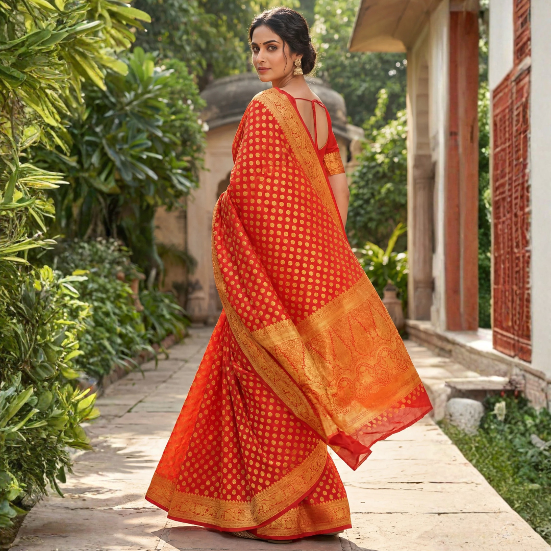 Vibrant Orange Georgette Banarasi Saree with Gold Zari Butti – Festive Wear