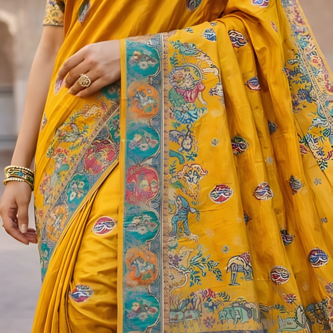 Katan Silk Zari Weaving Festive Saree – Traditional Yellow