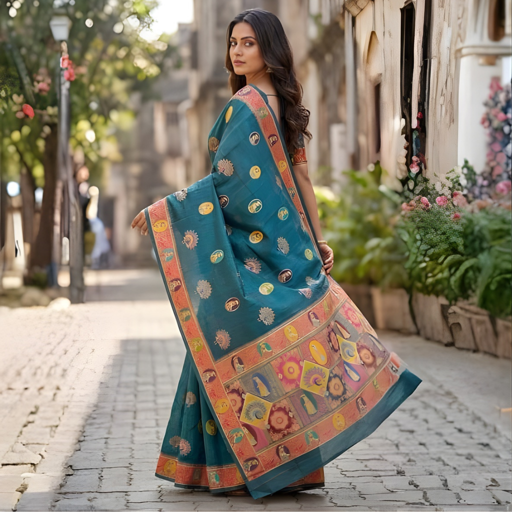 Katan Silk Heritage Motif Zari Saree – Regal Teal