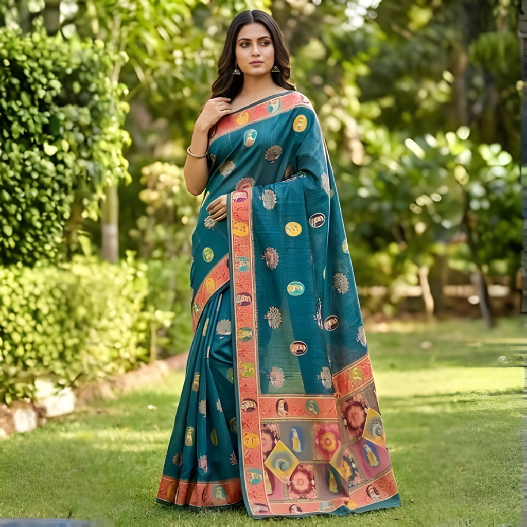 Katan Silk Heritage Motif Zari Saree – Regal Teal