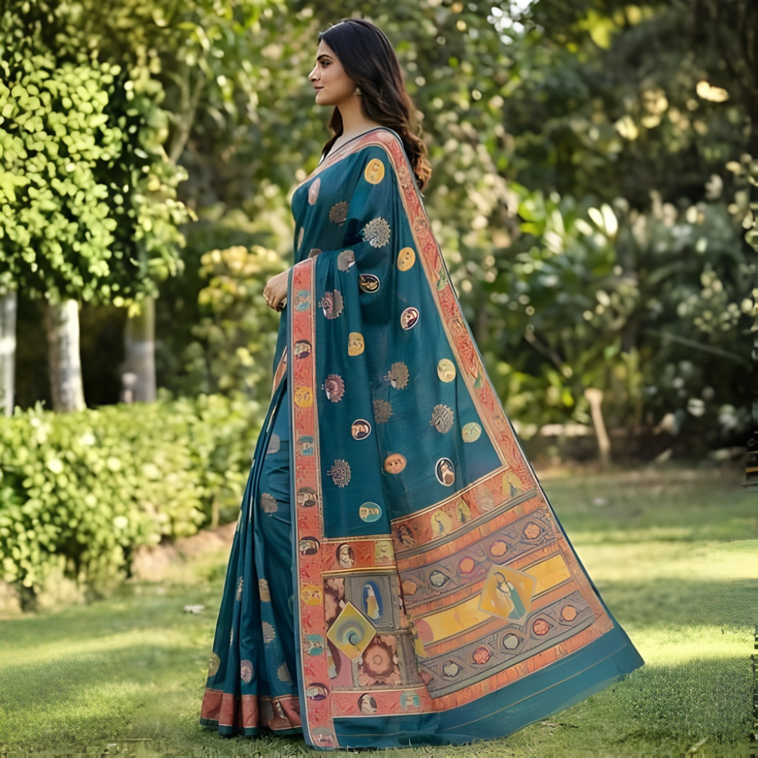 Katan Silk Heritage Motif Zari Saree – Regal Teal