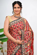 Red Banarasi Saree with Gold Motifs & Embroidered Black Border