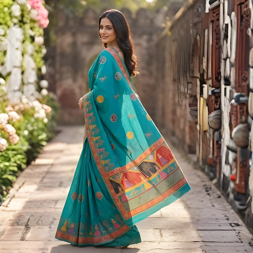 Katan Silk Royal Folk Zari Saree – Peacock Teal