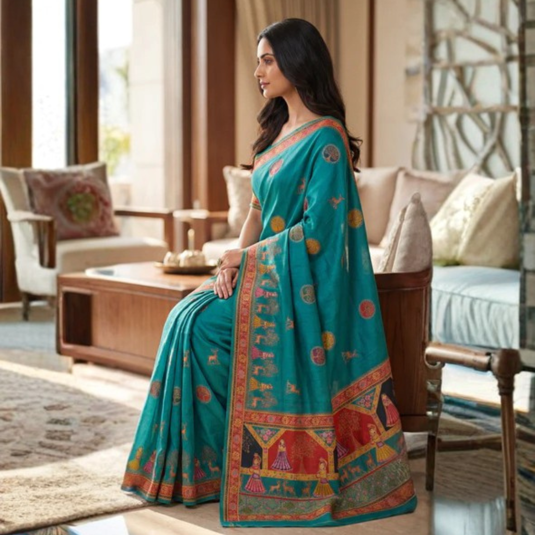 Katan Silk Royal Folk Zari Saree – Peacock Teal