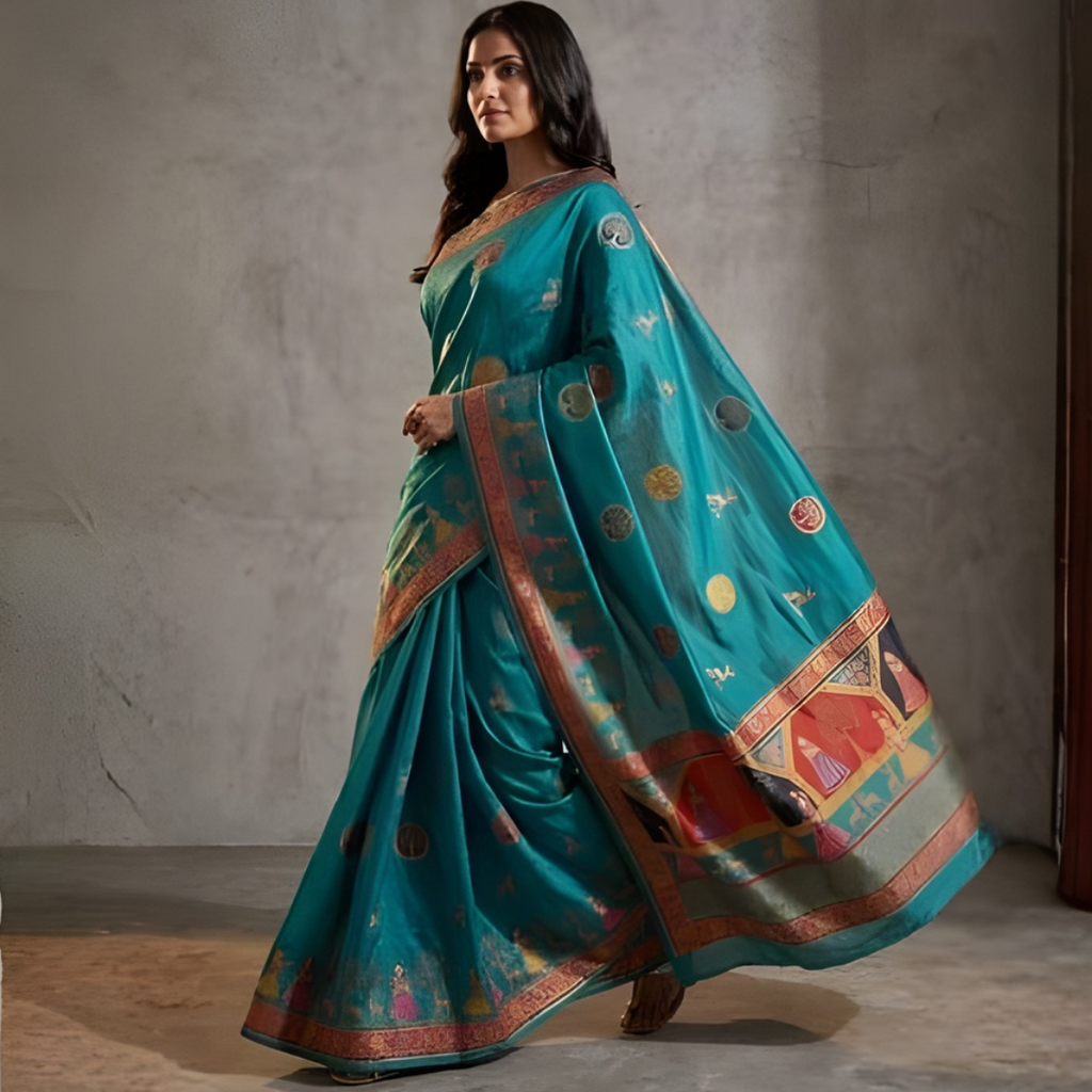 Katan Silk Royal Folk Zari Saree – Peacock Teal