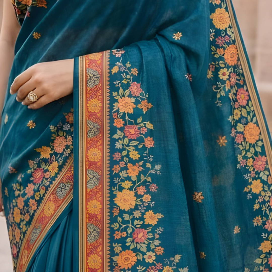 Teal Floral Motif Katan Silk Saree