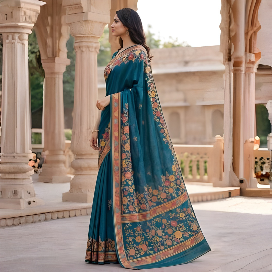 Teal Floral Motif Katan Silk Saree