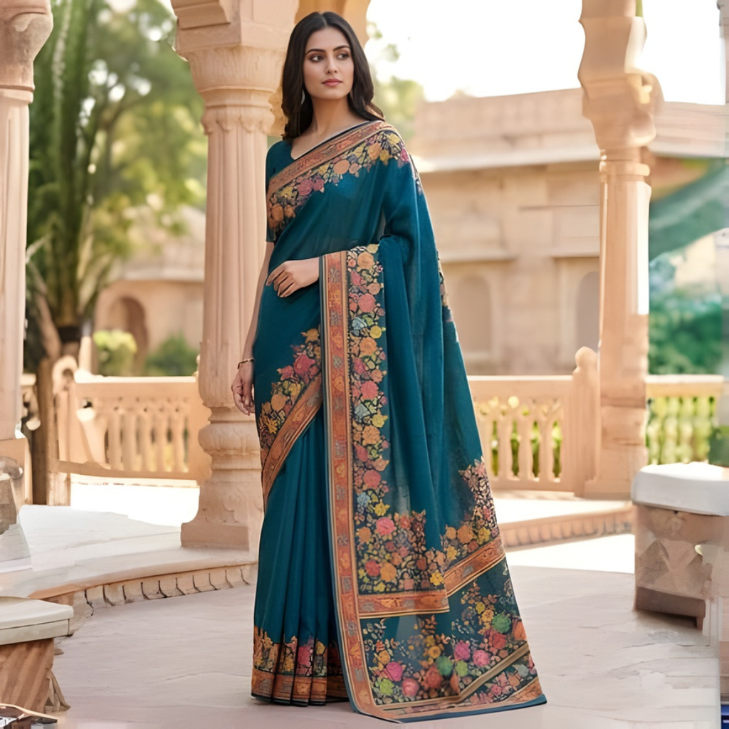 Teal Floral Motif Katan Silk Saree