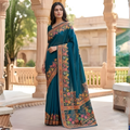 Teal Floral Motif Katan Silk Saree
