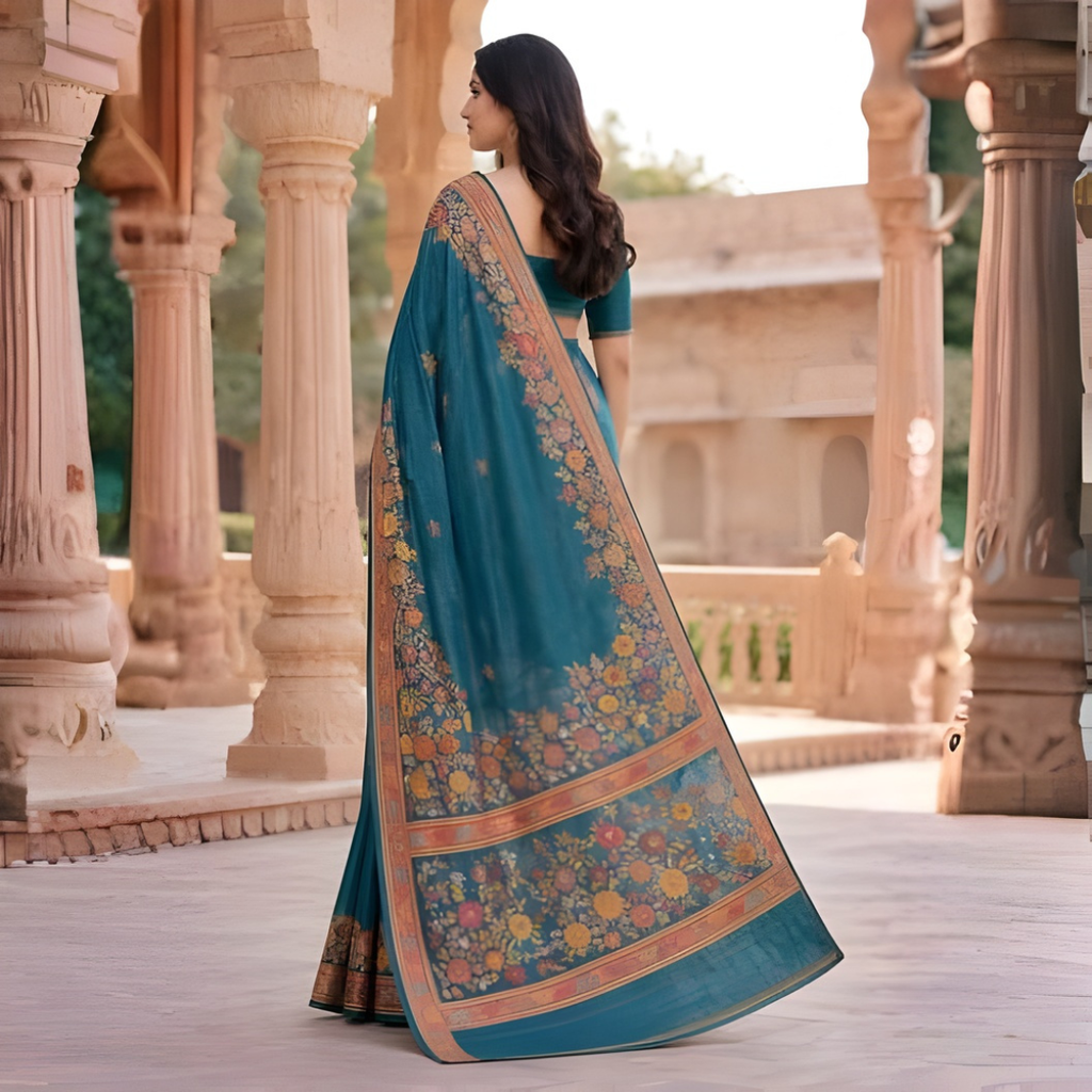 Teal Floral Motif Katan Silk Saree
