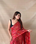 Red bandhani saree with white geometric print