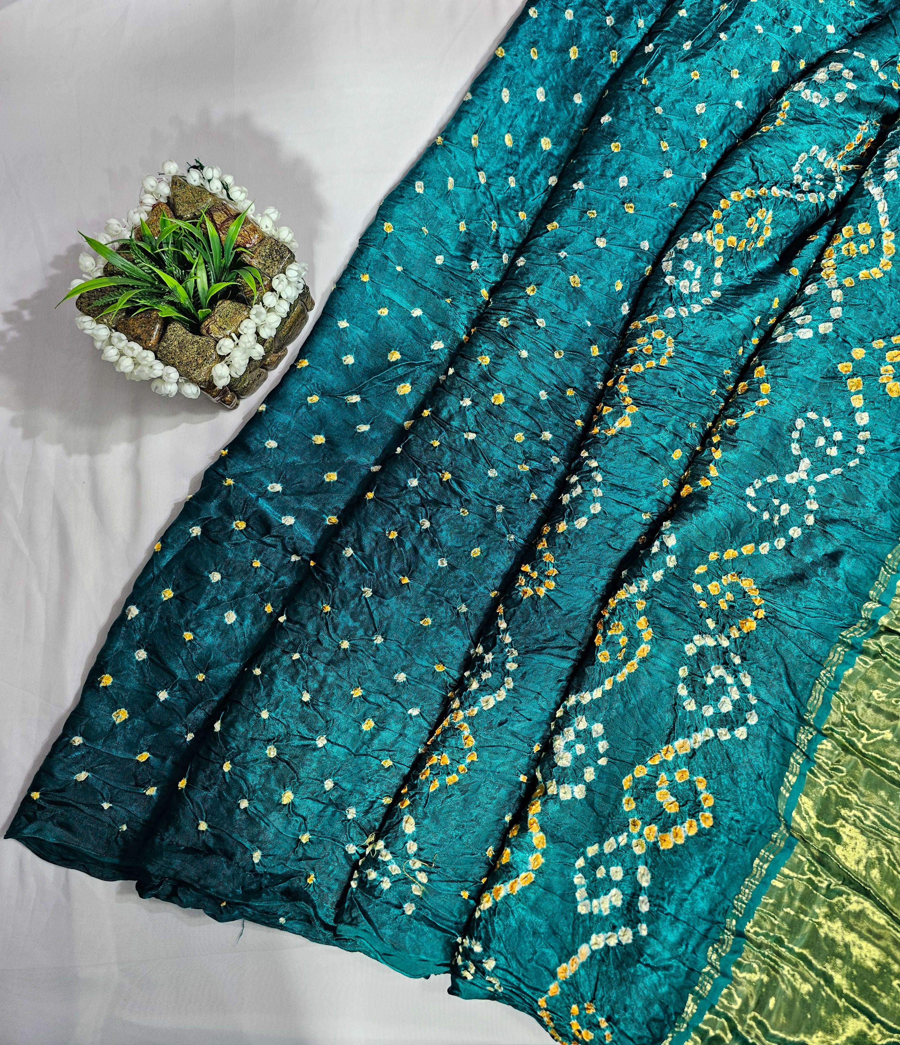 Rama Green Modal Gajji Hand Bandhani Saree with Lagdi Patta Pallu - Ethically Made, Exquisite Craftsmanship - Anita Jain Fashions