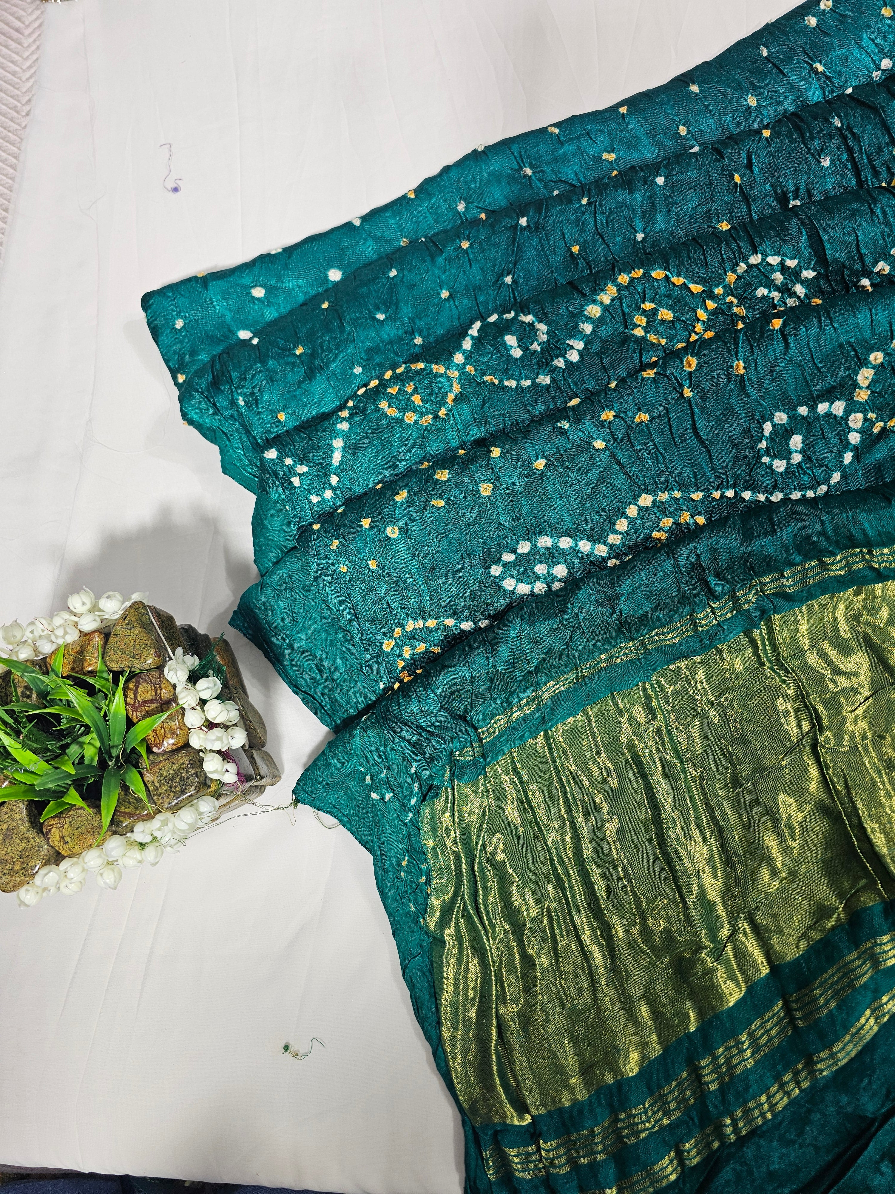 Dark Green Gajji Hand Bandhani Saree with Lagdi Patta Pallu - Ethically Made, Timeless Tradition - Anita Jain Fashions