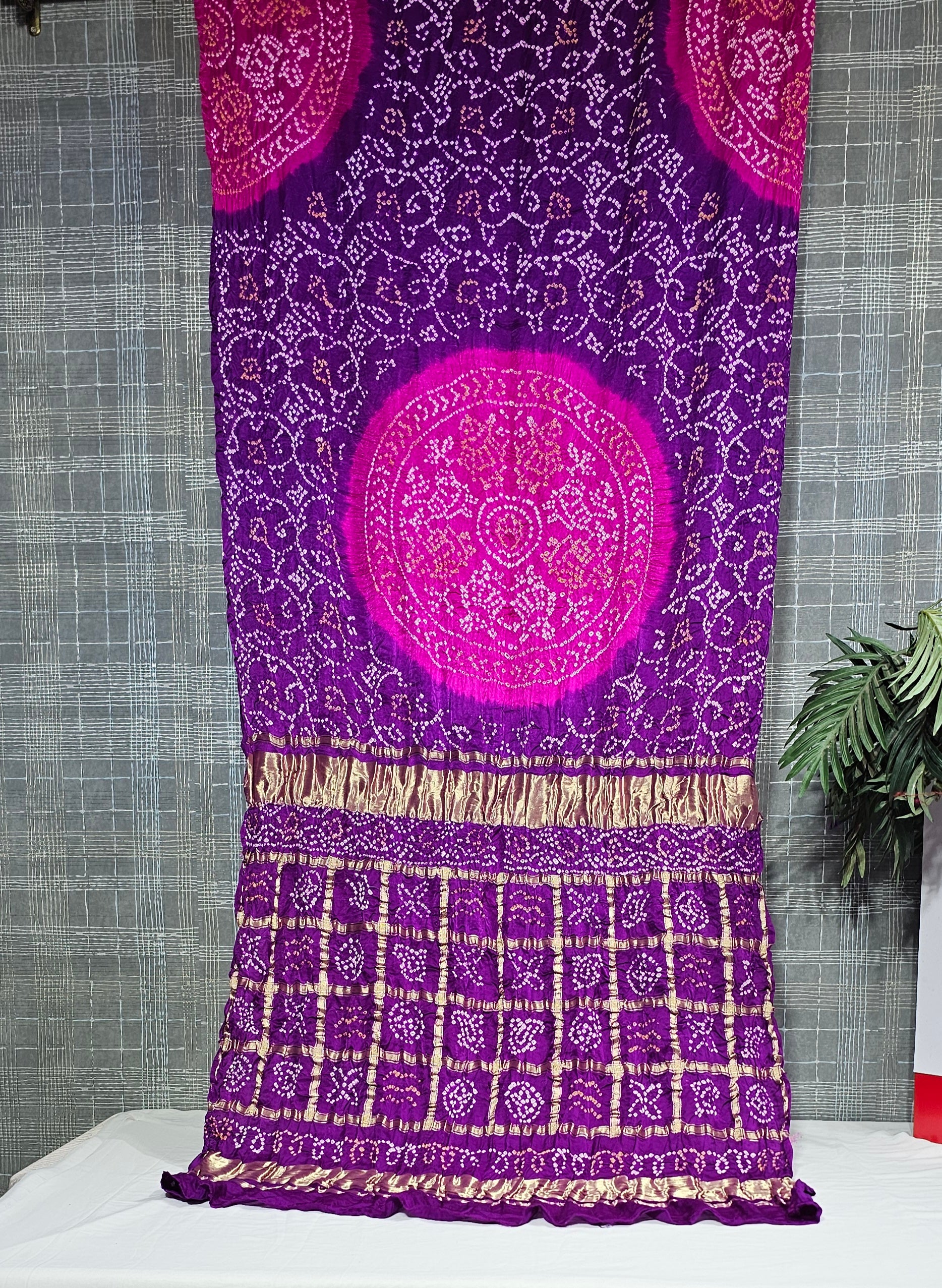 Pink and Purple Laddu Bandhej Pure Gajji Ghatchola Pallu Saree - Ethically Made, Vibrant Dual Tone - Anita Jain Fashions