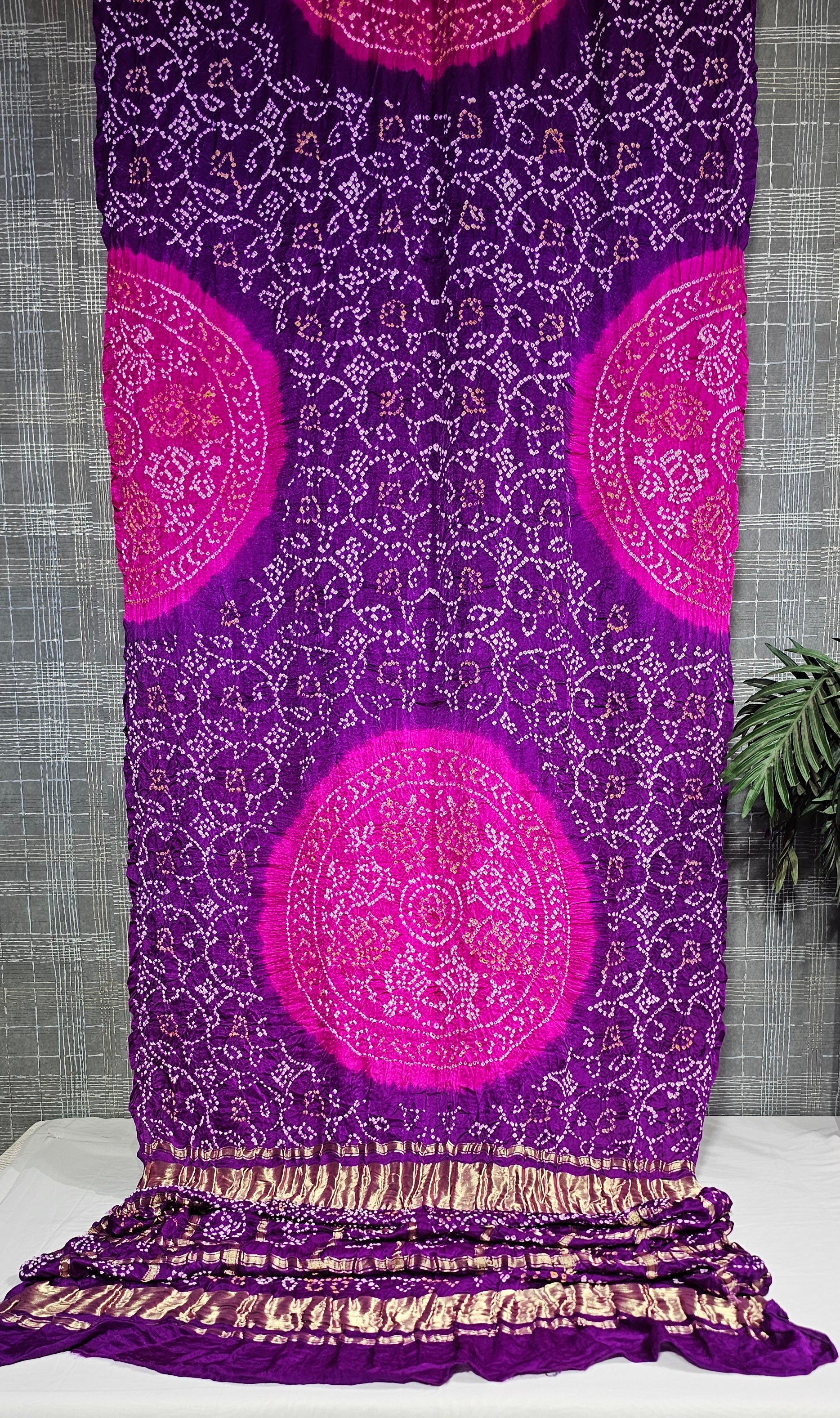 Pink and Purple Laddu Bandhej Pure Gajji Ghatchola Pallu Saree - Ethically Made, Vibrant Dual Tone - Anita Jain Fashions