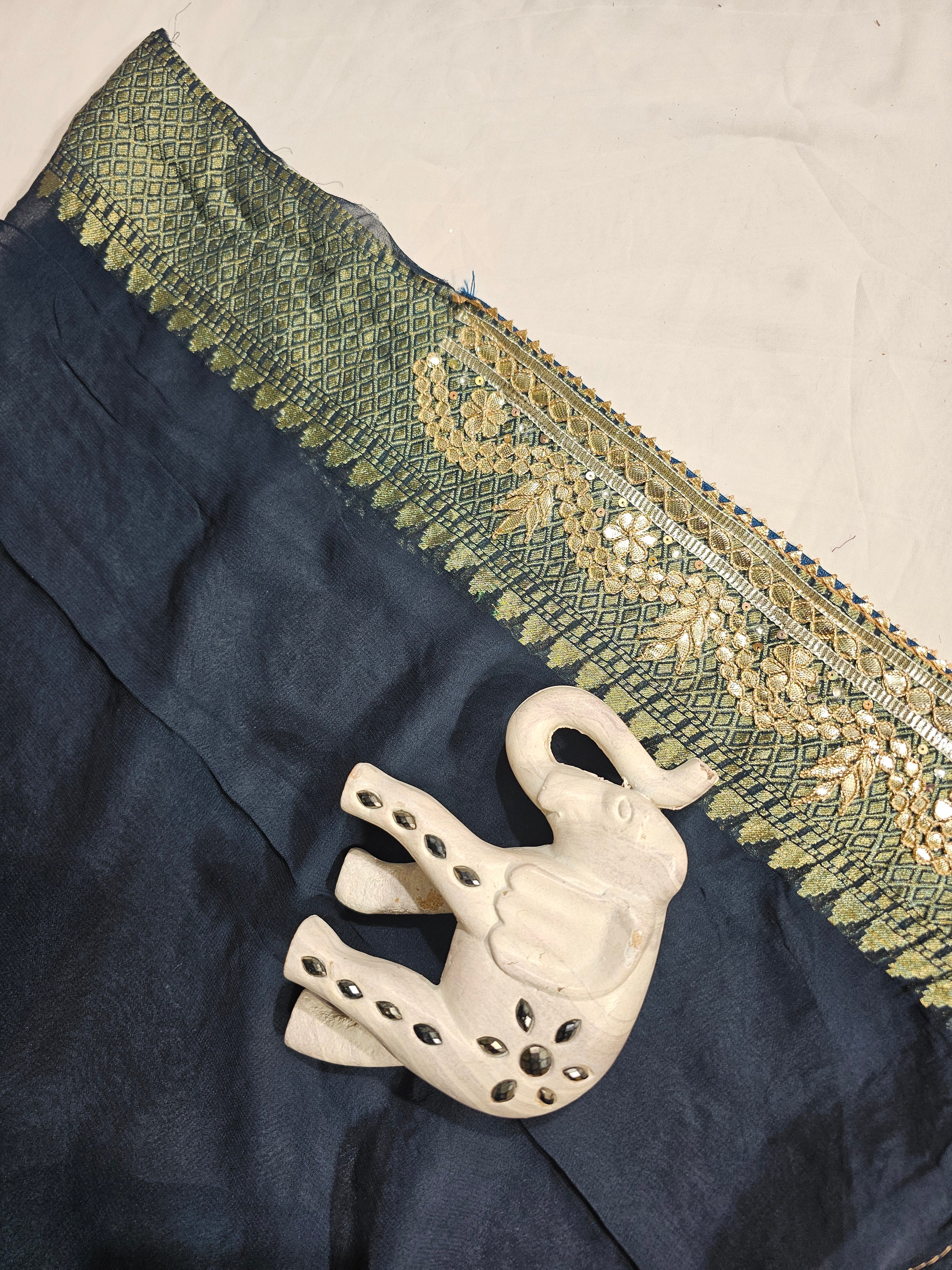 Navy Blue Pure Viscose Khaddi Georgette Saree - Ethically Made, Easy Care & Elegant Style - Anita Jain Fashions