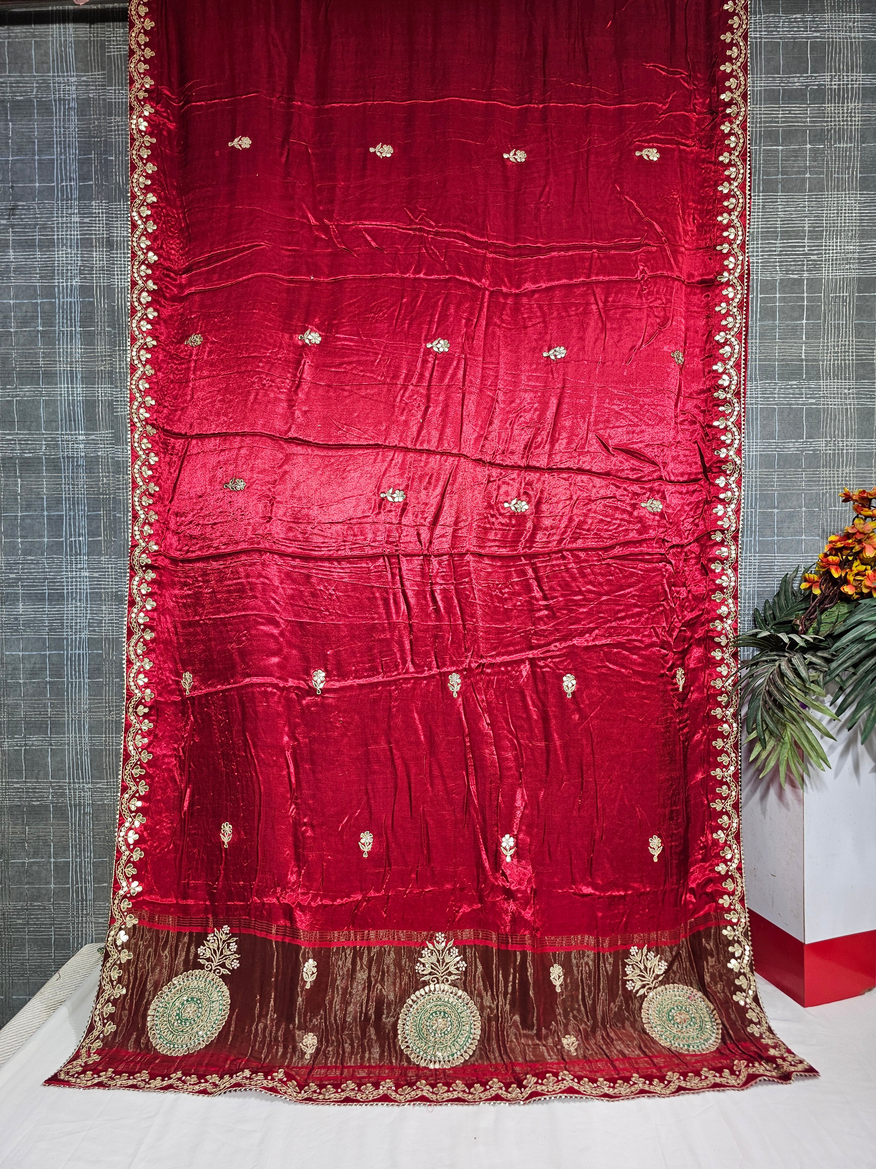 Mehroon Pure Gajji Silk Saree with Gota Patti Work - Ethically Made, Easy Care & Festive Charm - Anita Jain Fashions