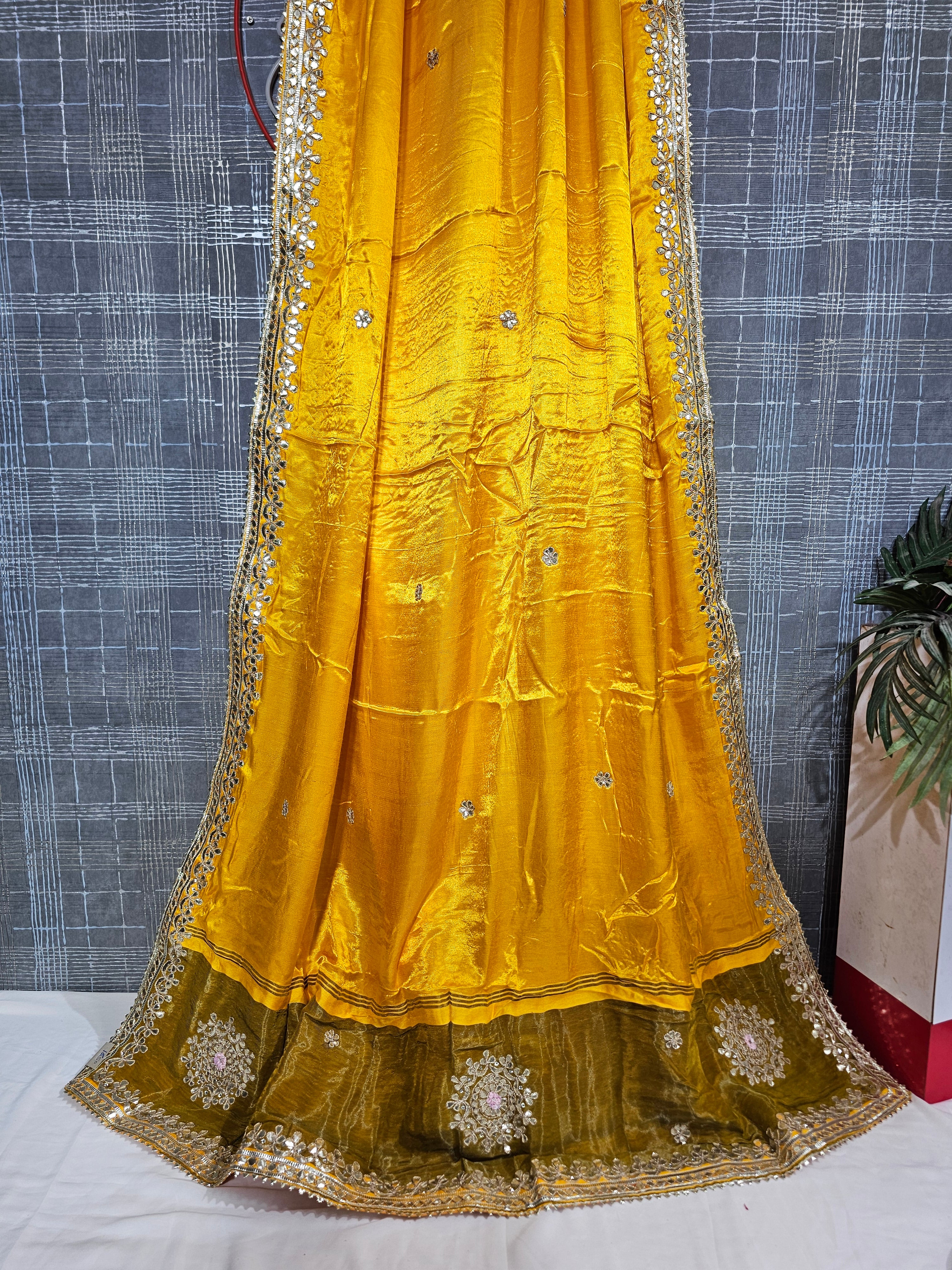 Circular yellow Pure Gajji Silk Saree with Gota Patti Work - Ethically Made, Easy Care & Festive Elegance - Anita Jain Fashions