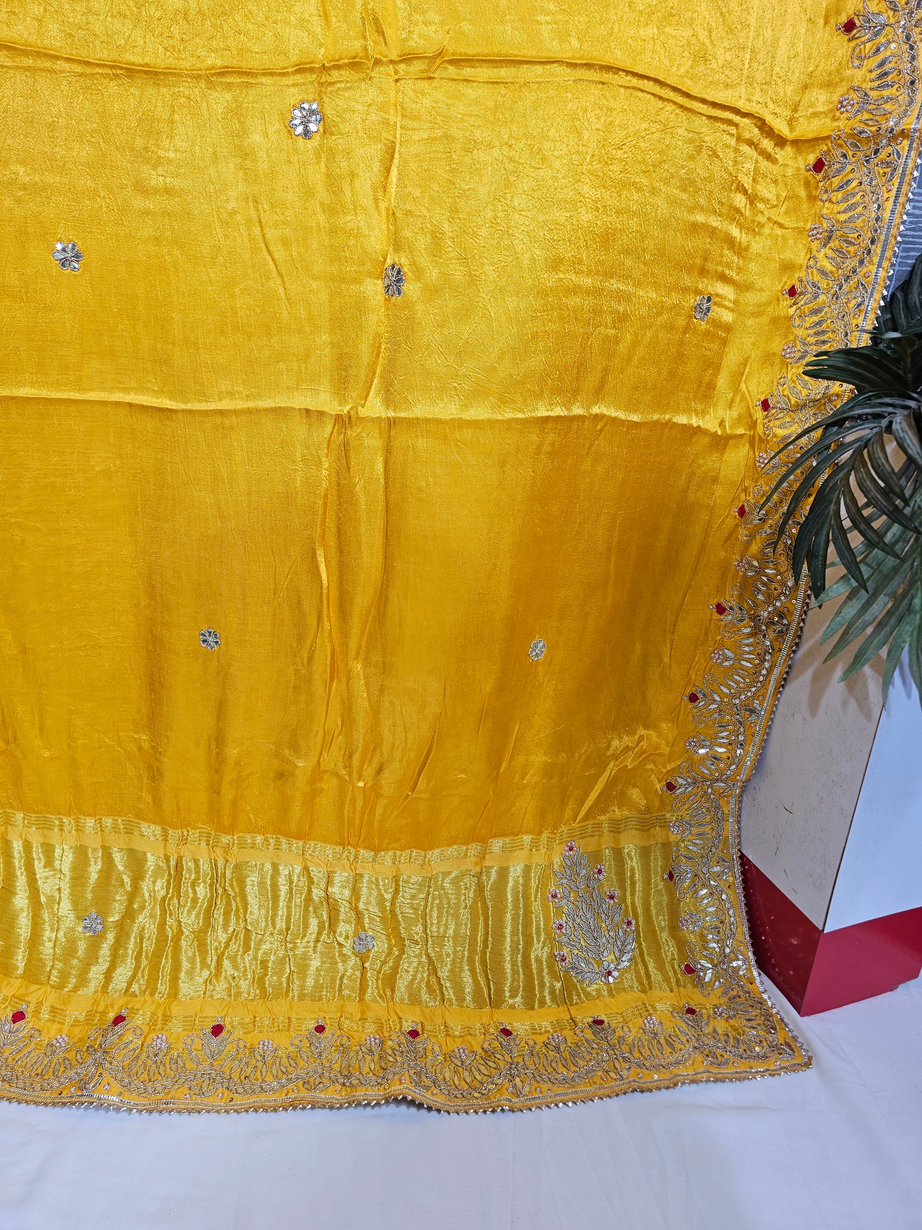 Red & silver embroidered long booty Yellow Pure Gajji Silk Saree with Gota Patti Work - Ethically Made, Easy Wash & Traditional Design - Anita Jain Fashions