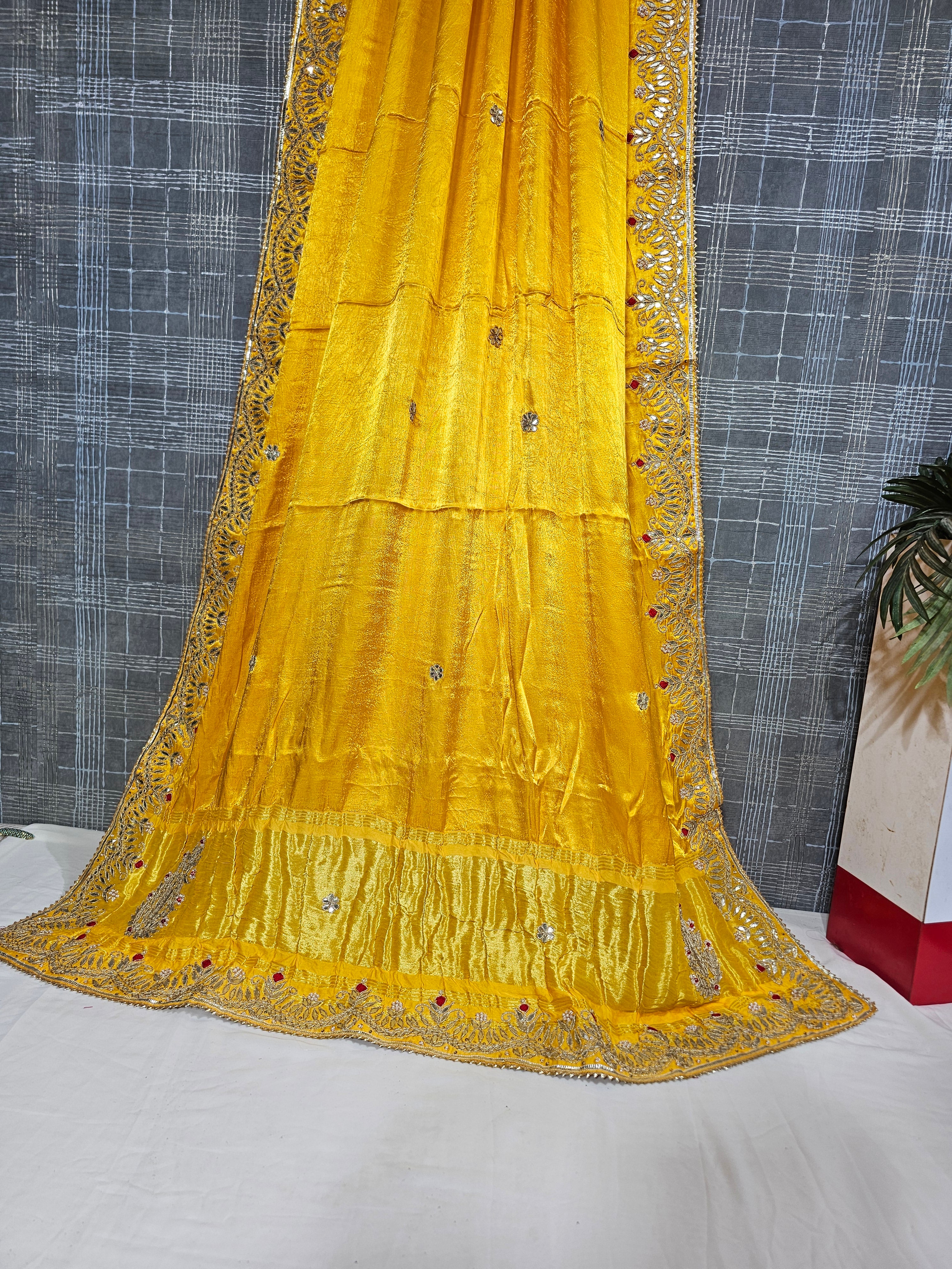 Red & silver embroidered long booty Yellow Pure Gajji Silk Saree with Gota Patti Work - Ethically Made, Easy Wash & Traditional Design - Anita Jain Fashions