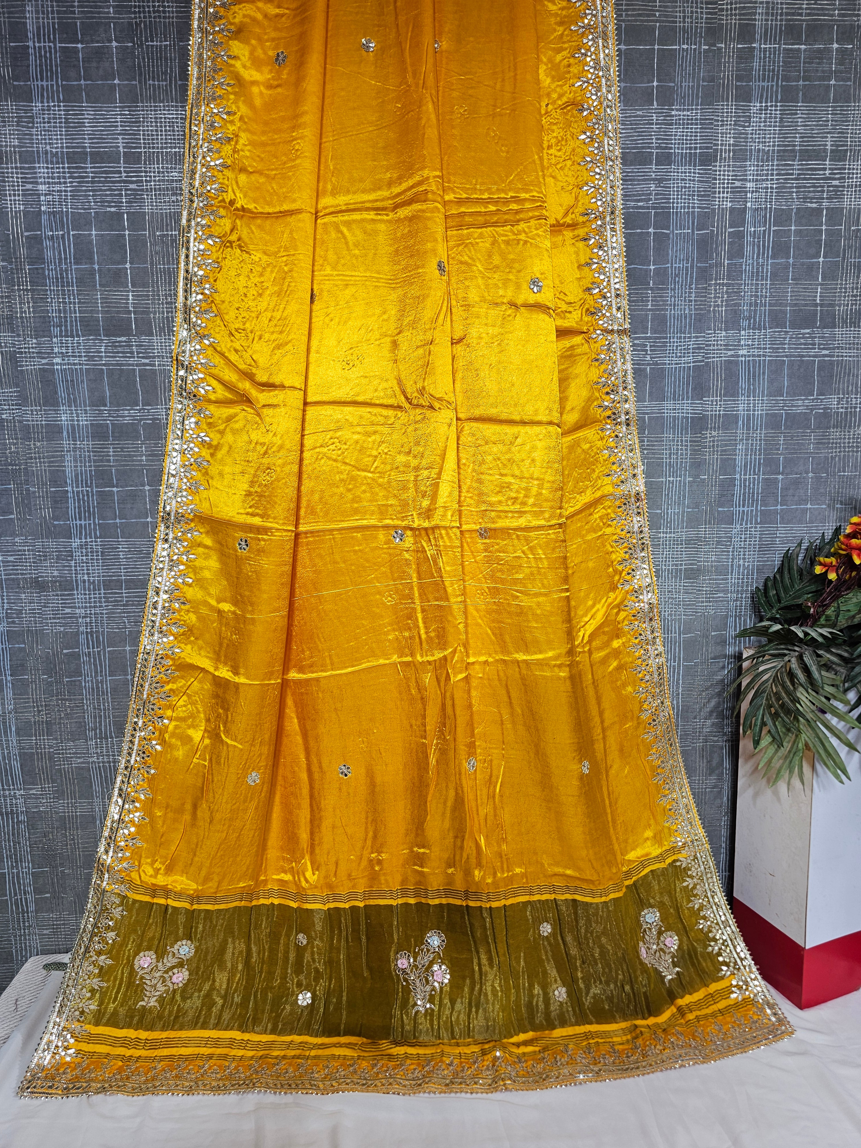 Long Booty Yellow Pure Gajji Silk Saree with Gota Patti Work - Ethically Made, Easy Care & Festive Elegance - Anita Jain Fashions