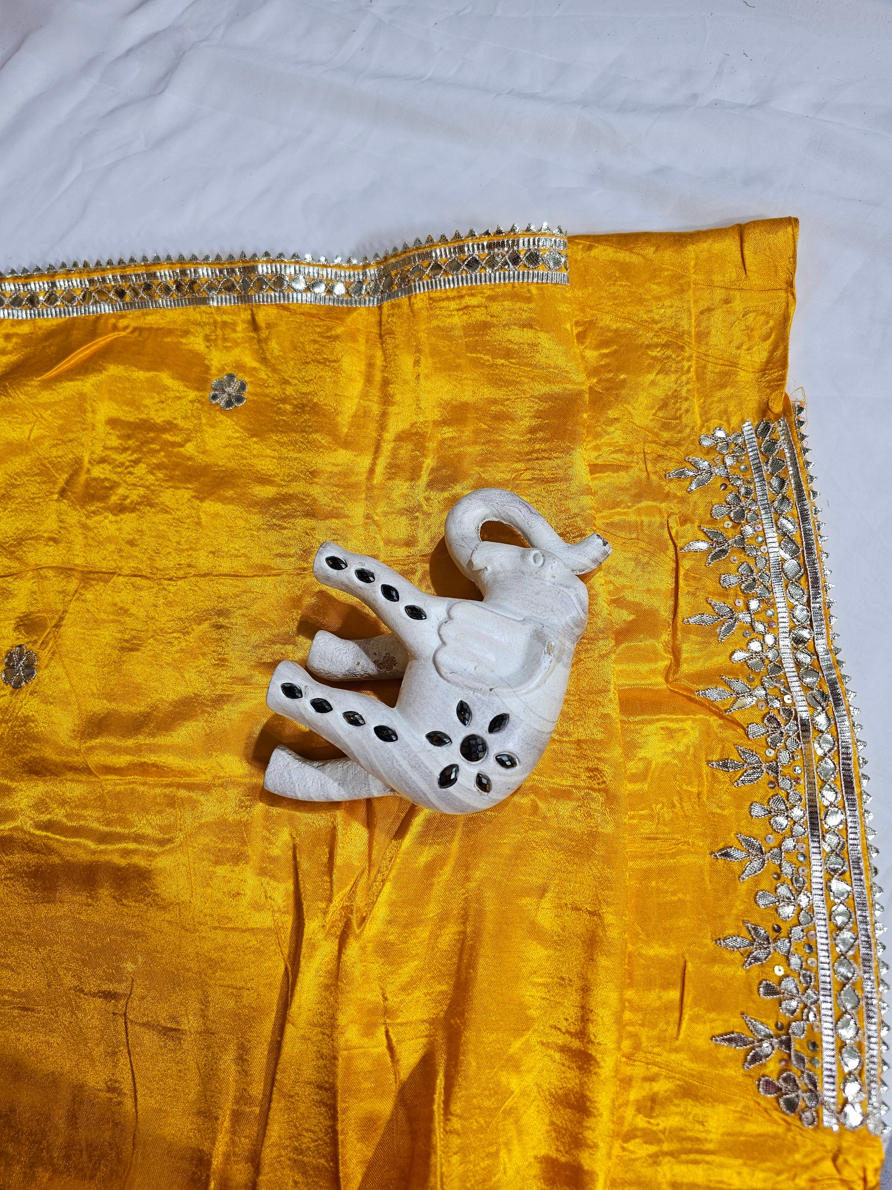 Long Booty Yellow Pure Gajji Silk Saree with Gota Patti Work - Ethically Made, Easy Care & Festive Elegance - Anita Jain Fashions