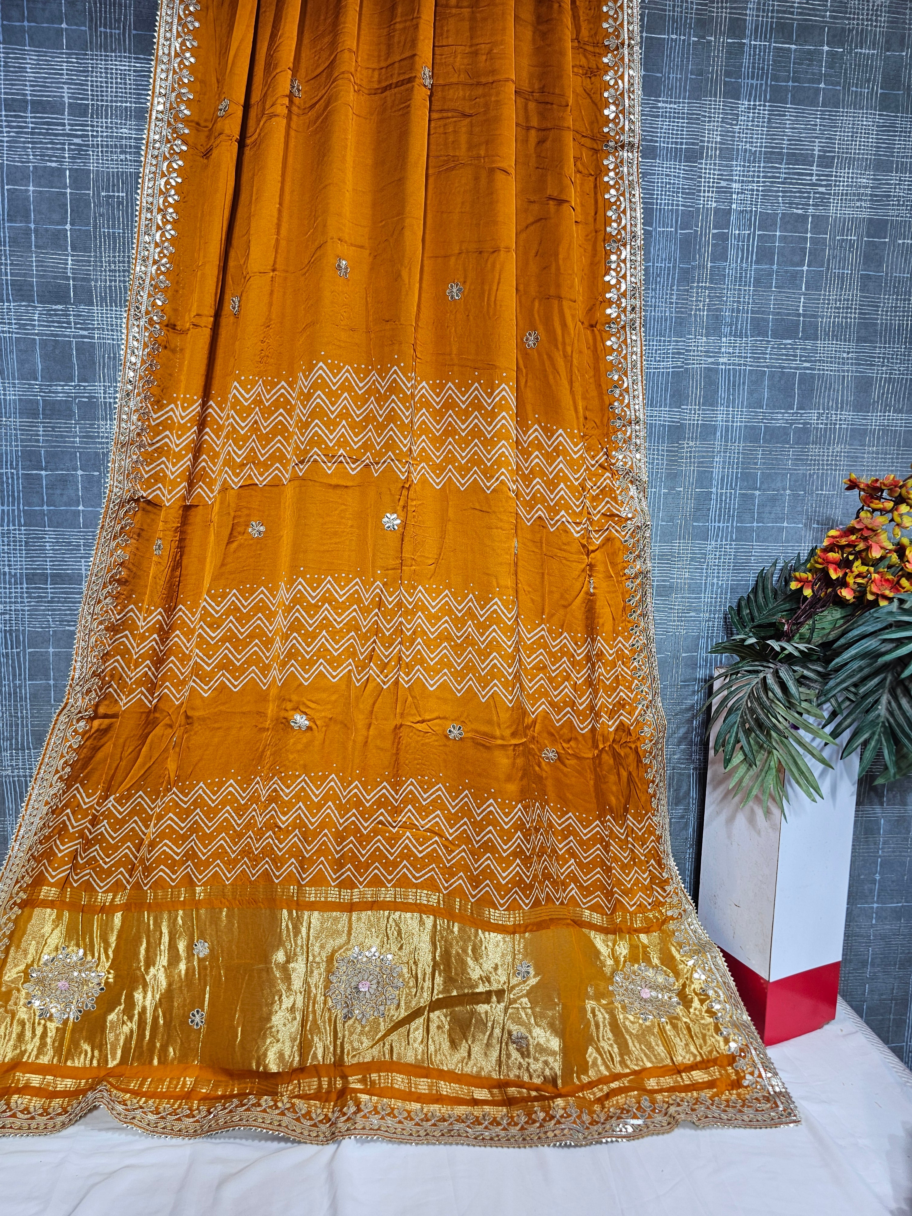 Circular Yellow Modal Gajji Saree with Gota Patti Work - Ethically Made, Easy Wash & Festive Ready - Anita Jain Fashions