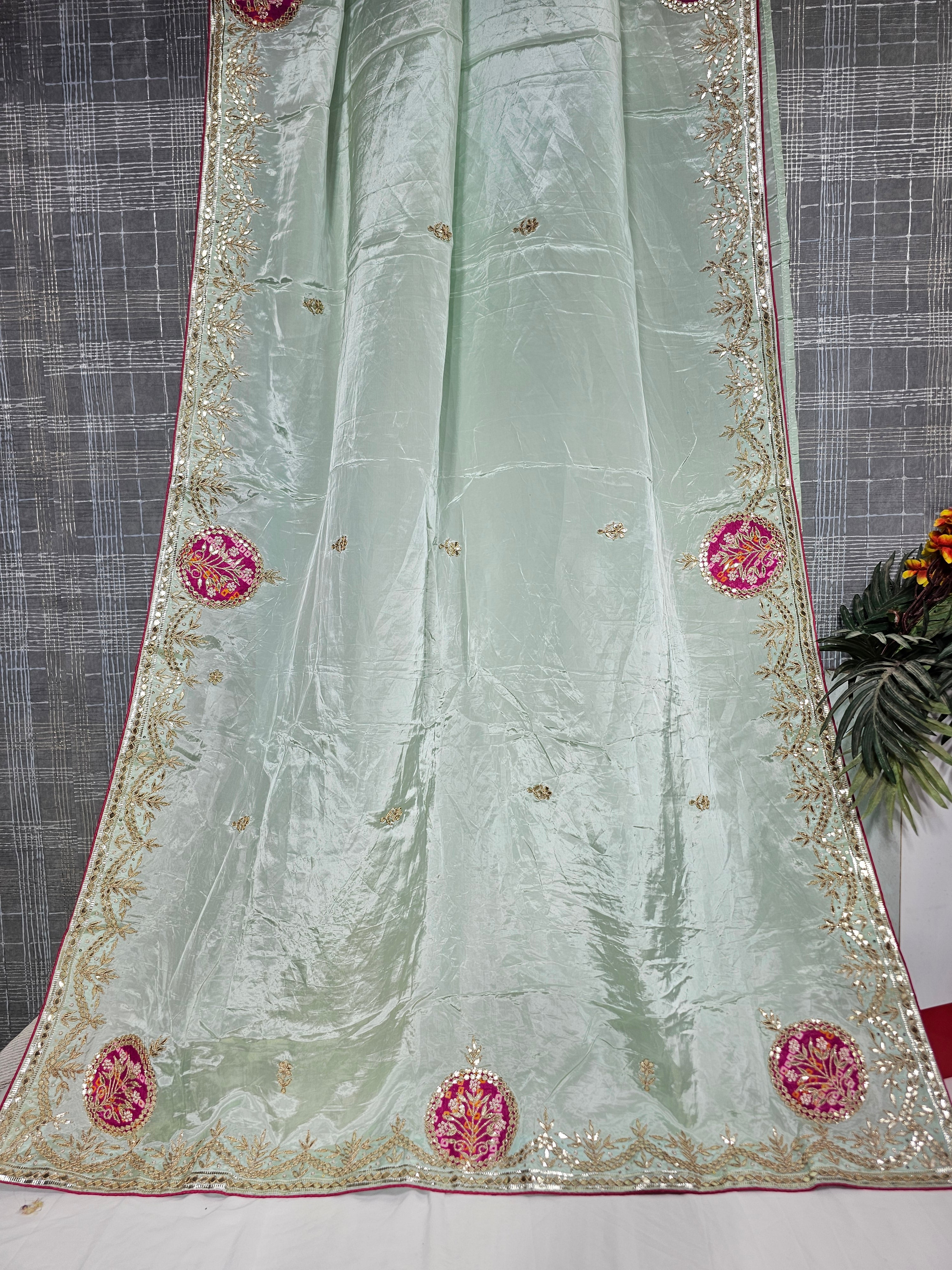 Pista Habutai Silk Saree with Gota Patti Work - Ethically Made, Easy Wash & Elegant Festive Wear - Anita Jain Fashions