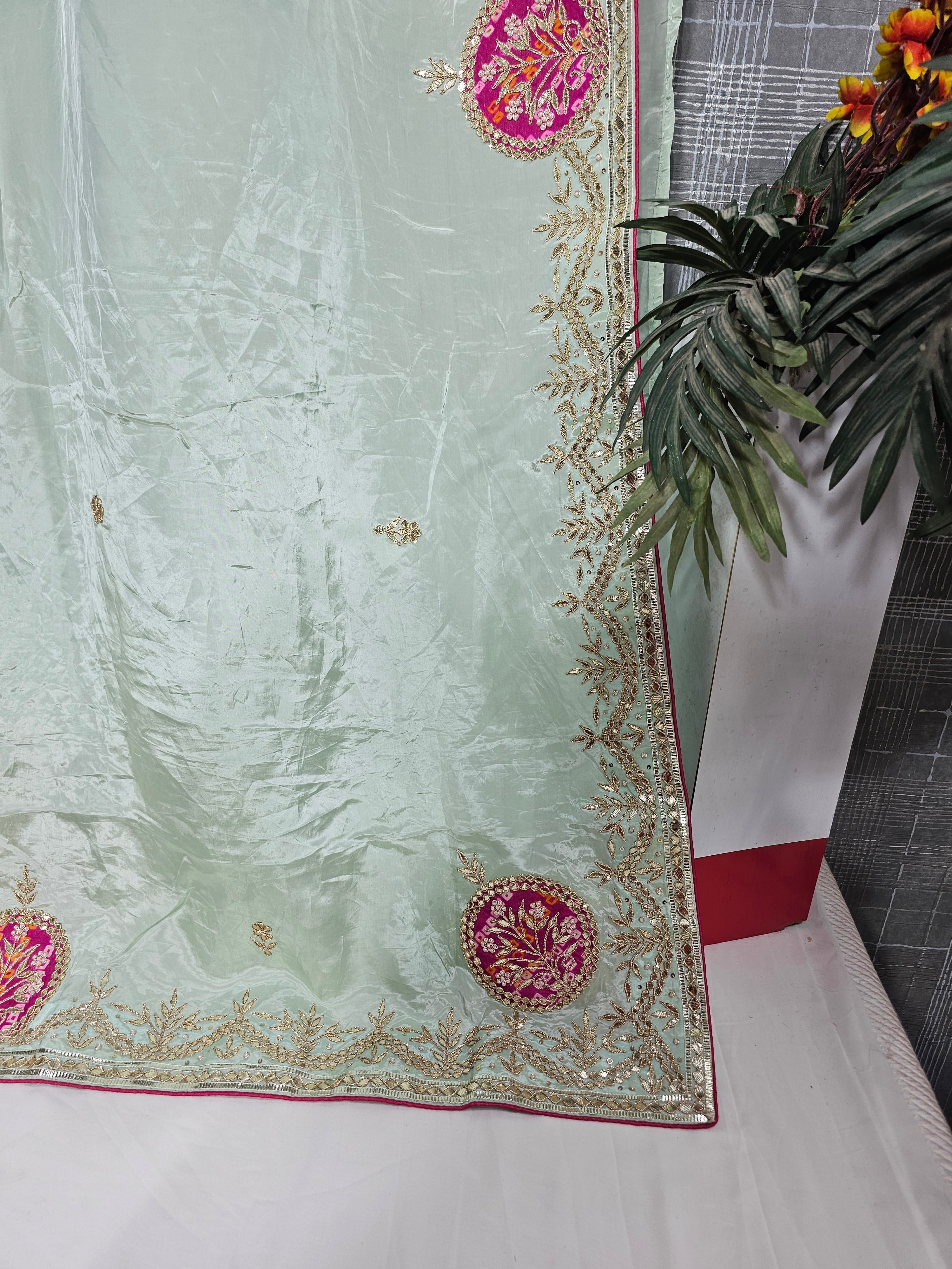 Pista Habutai Silk Saree with Gota Patti Work - Ethically Made, Easy Wash & Elegant Festive Wear - Anita Jain Fashions